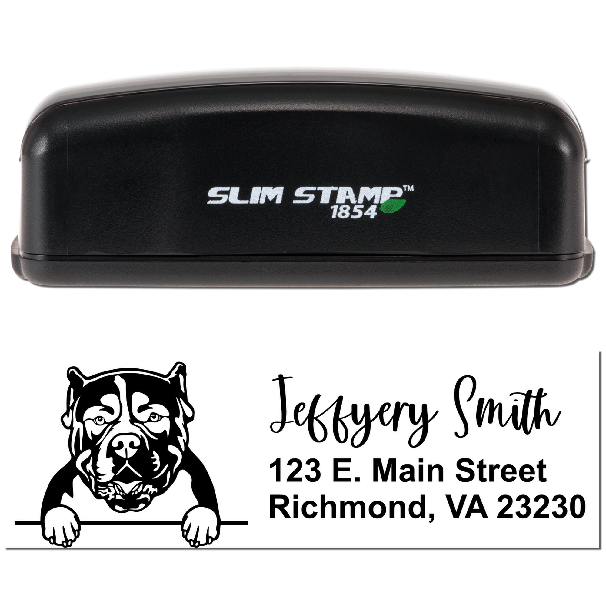 Custom Slim Stamp 1854 self-inking rubber stamp with dog logo, name, and address for business or return mail use