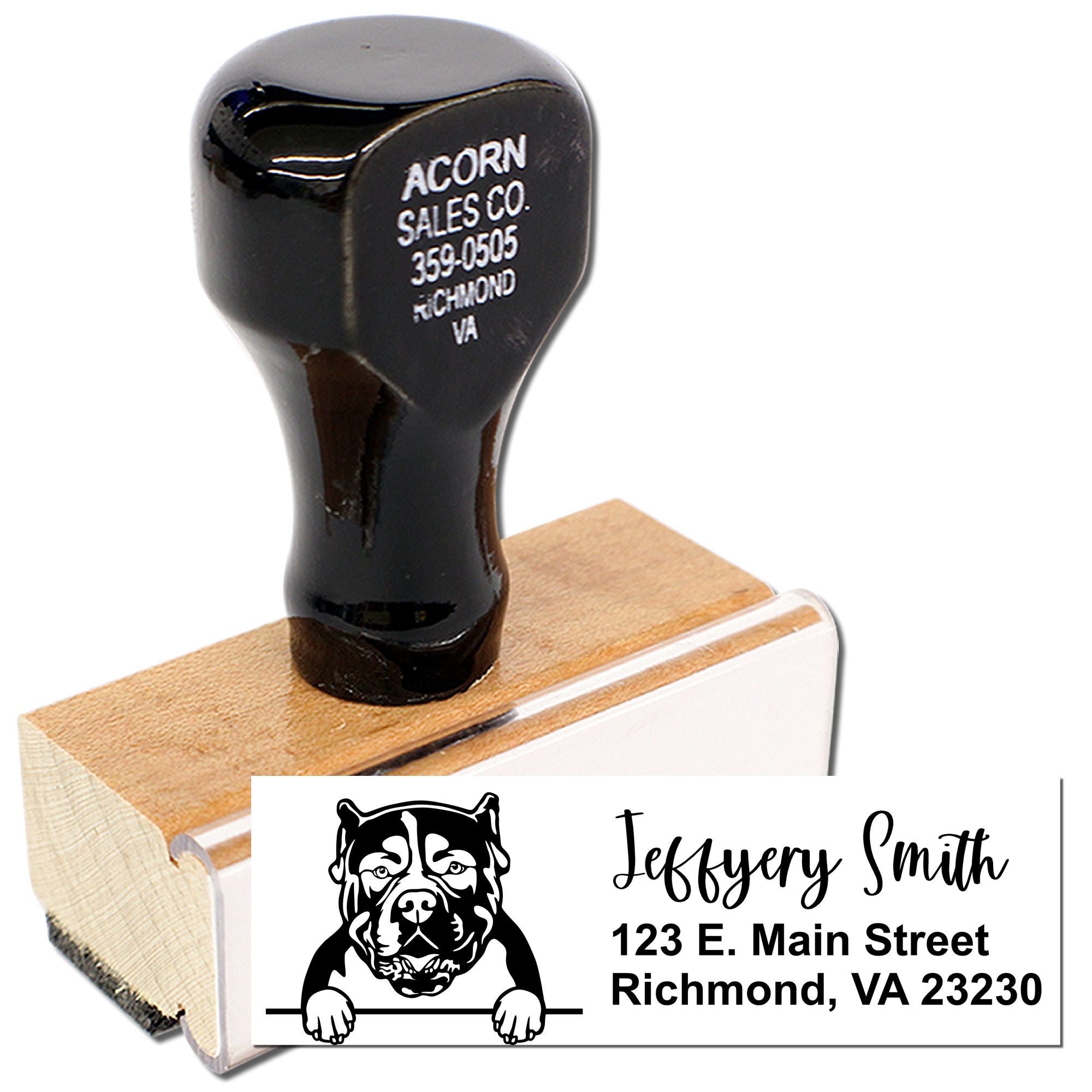 Personalized rubber address stamp with bulldog logo and custom return address for business or pet owners.
