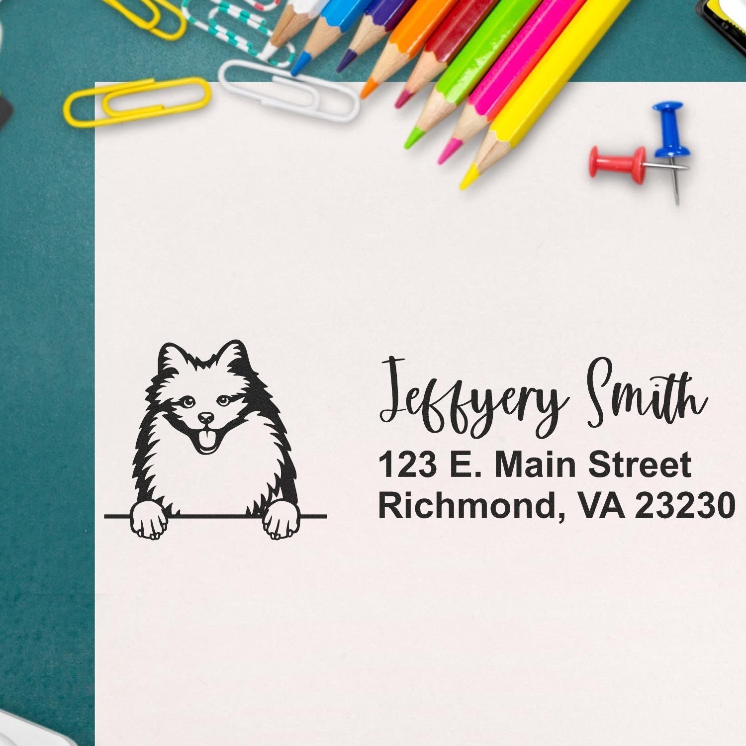 Custom personalized return address rubber stamp with dog logo, name, and Richmond, VA address on stationery mockup.