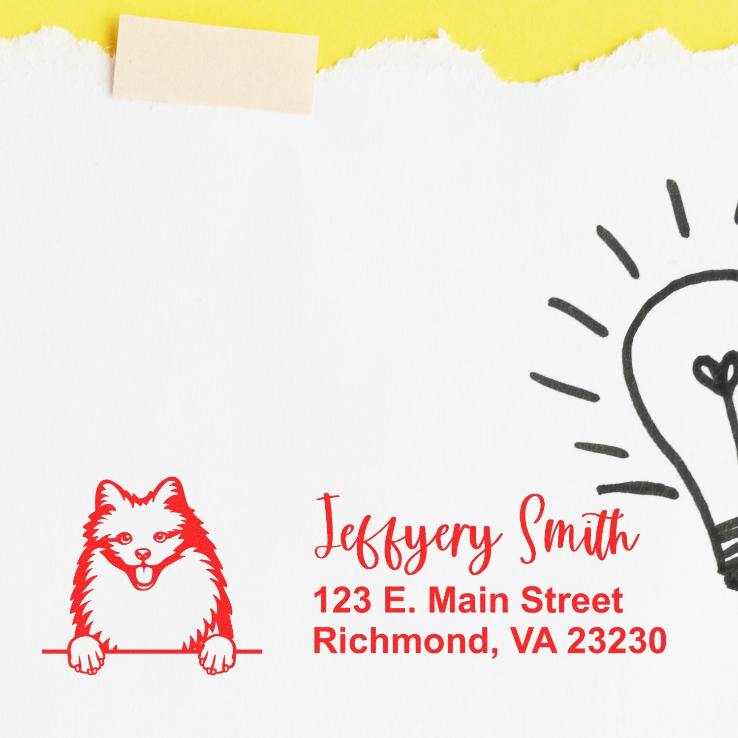 Custom rubber address stamp with dog logo, Jeffrey Smith name, and Richmond, VA return address in red ink.