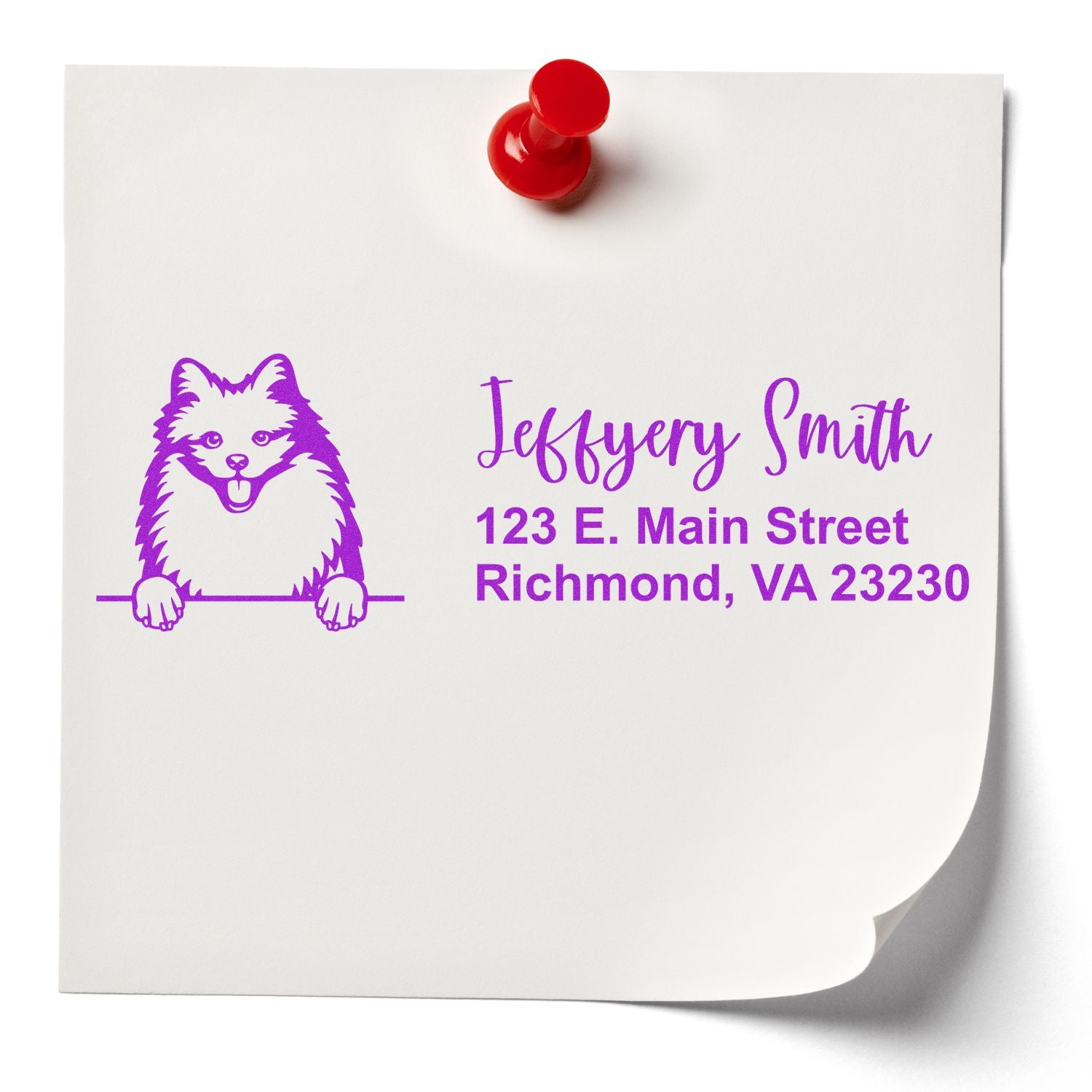 Custom return address rubber stamp with fox logo, featuring Jeffrey Smith and Richmond, VA address in purple ink.