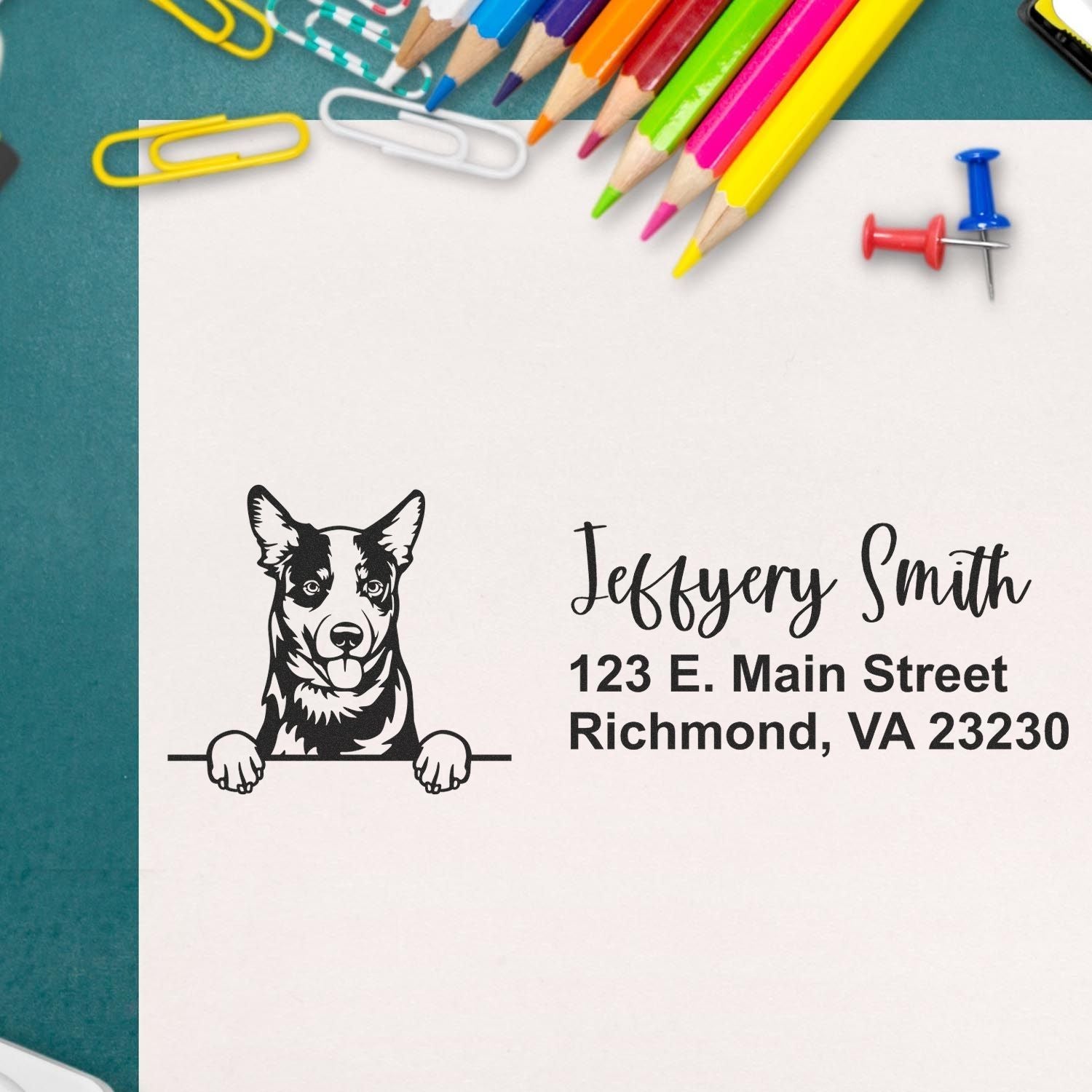 Custom dog return address rubber stamp with name and Richmond, VA address for personalized mail and pet-themed stationery.