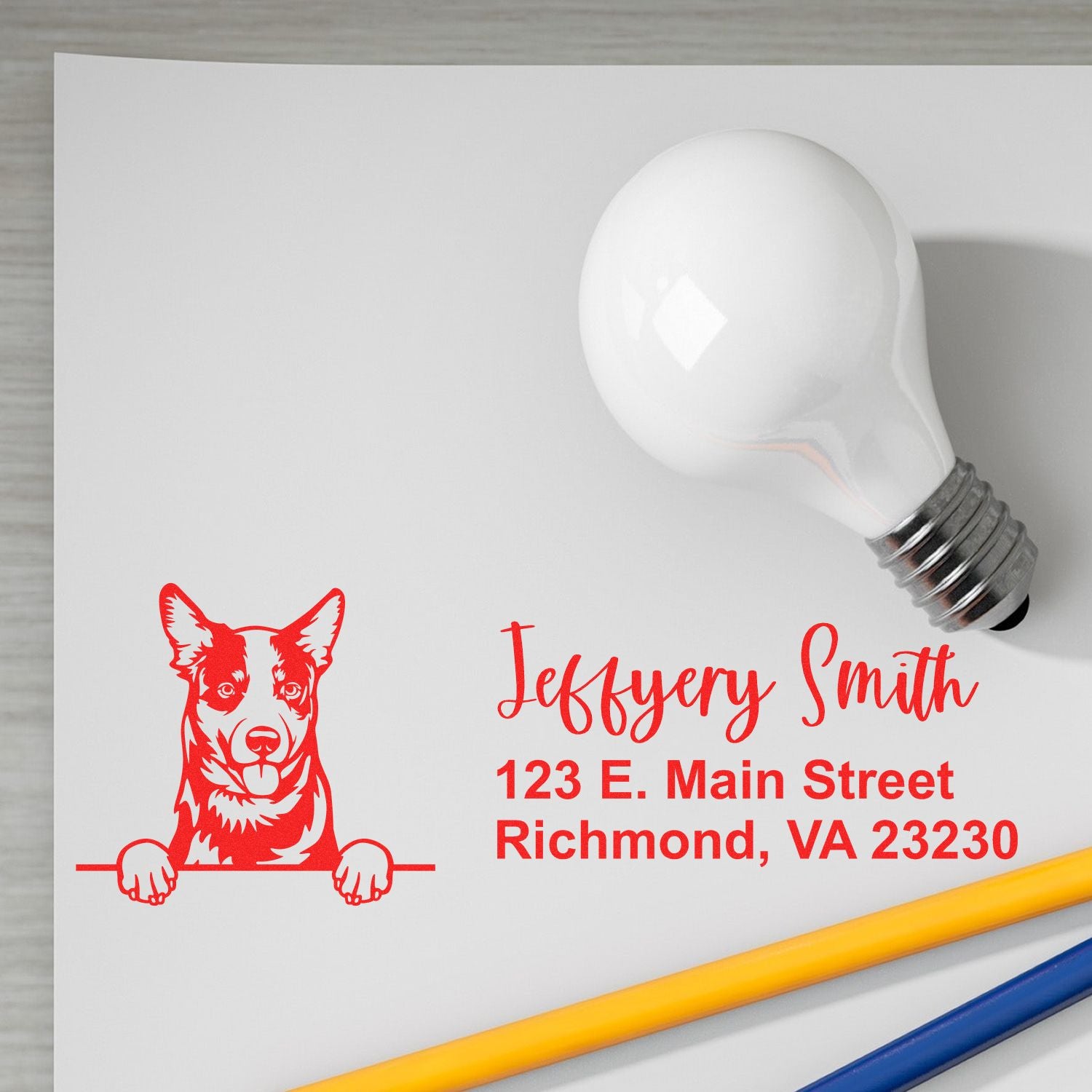 Custom rubber address stamp with dog logo for Jeffrey Smith, Richmond, VA, ideal for mailing and pet-themed branding.