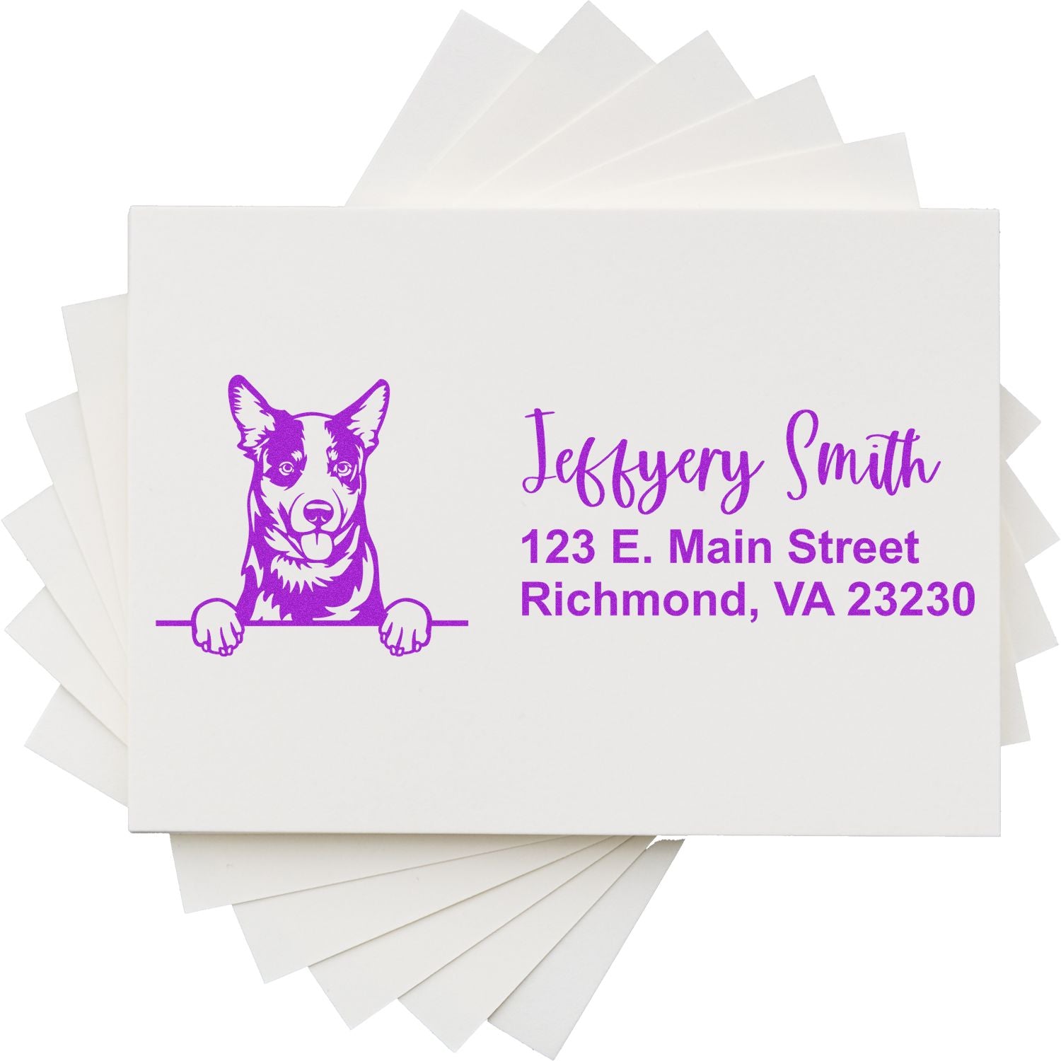 Custom rubber address stamp with dog illustration, name, and Richmond, VA address for personalized mailing.