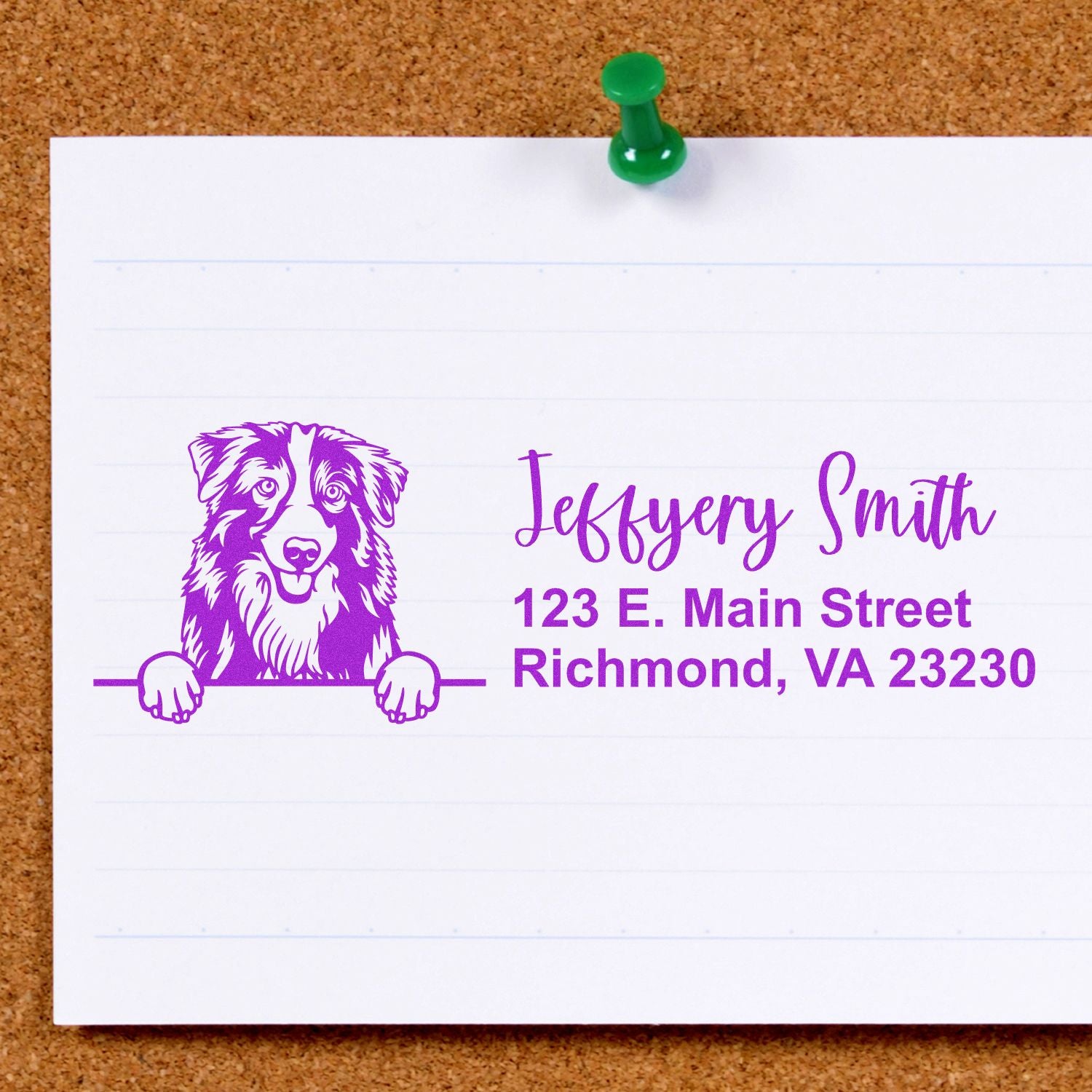 Custom dog address rubber stamp with name and Richmond, VA address printed in purple on paper.