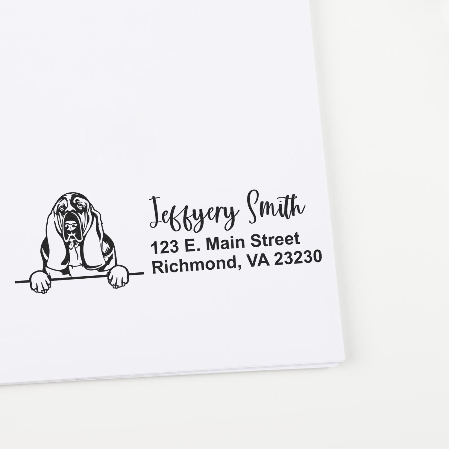 Custom dog address rubber stamp with name and Richmond, VA mailing address for personalized stationery and packaging