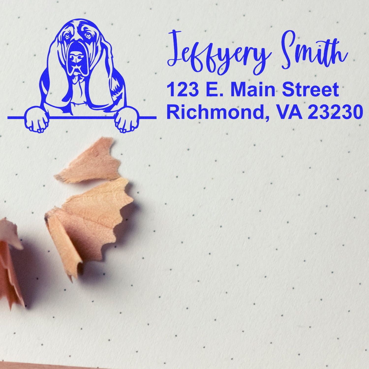 Custom rubber stamp design with basset hound and return address for Jeffery Smith, Richmond, VA 23230.