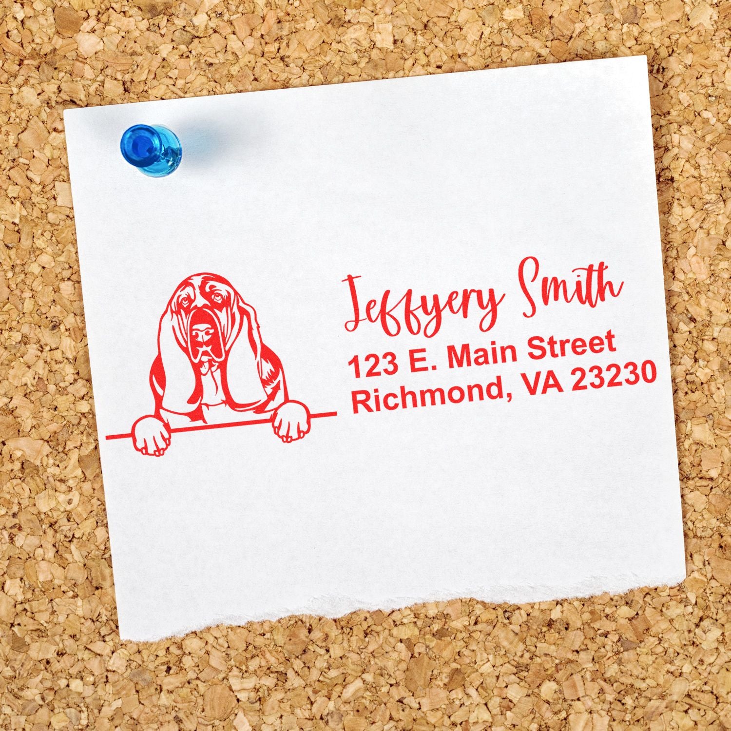Custom rubber return address stamp with dog logo for Jeffery Smith, featuring Richmond, VA mailing address.