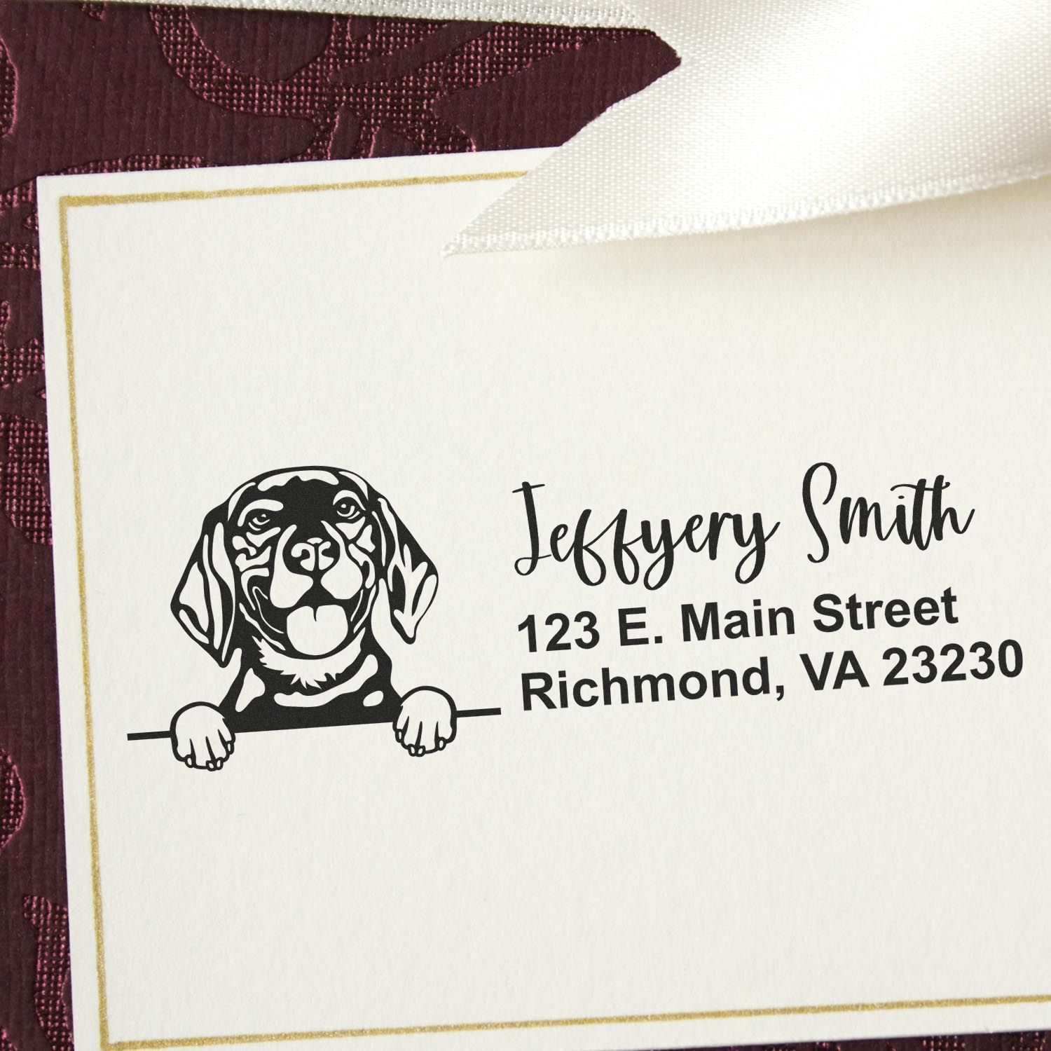 Personalized dog return address rubber stamp with name and Richmond, VA address on stationery.