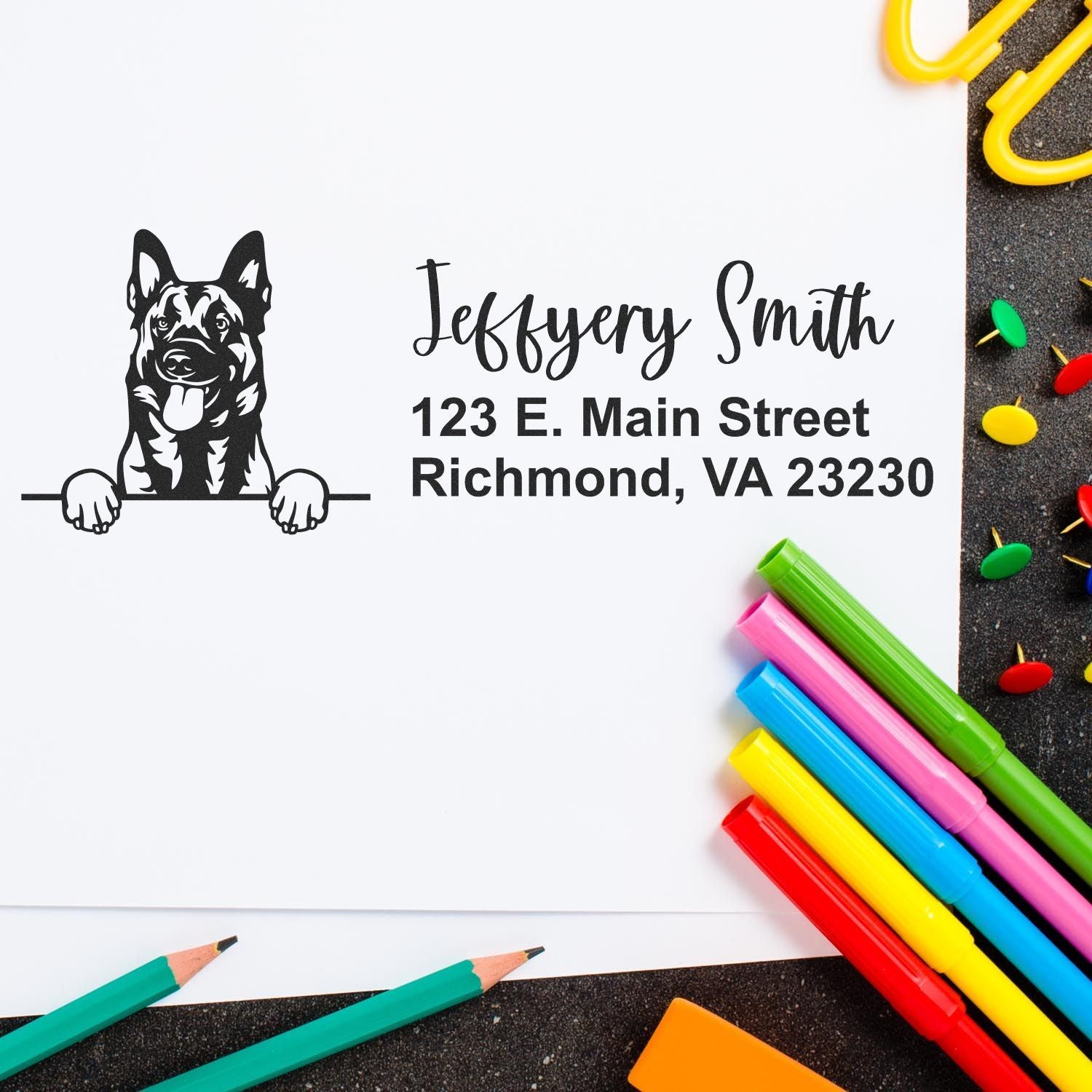 Custom dog address rubber stamp with name and Richmond, VA return address for personalized mail and stationery.
