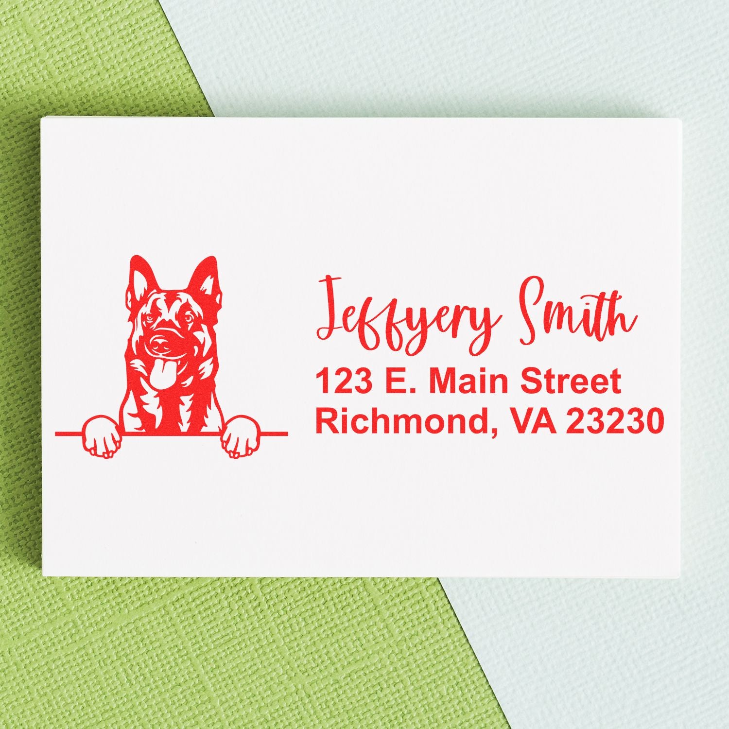 Personalized custom return address rubber stamp with dog design for Jeffrey Smith, Richmond, VA 23230.