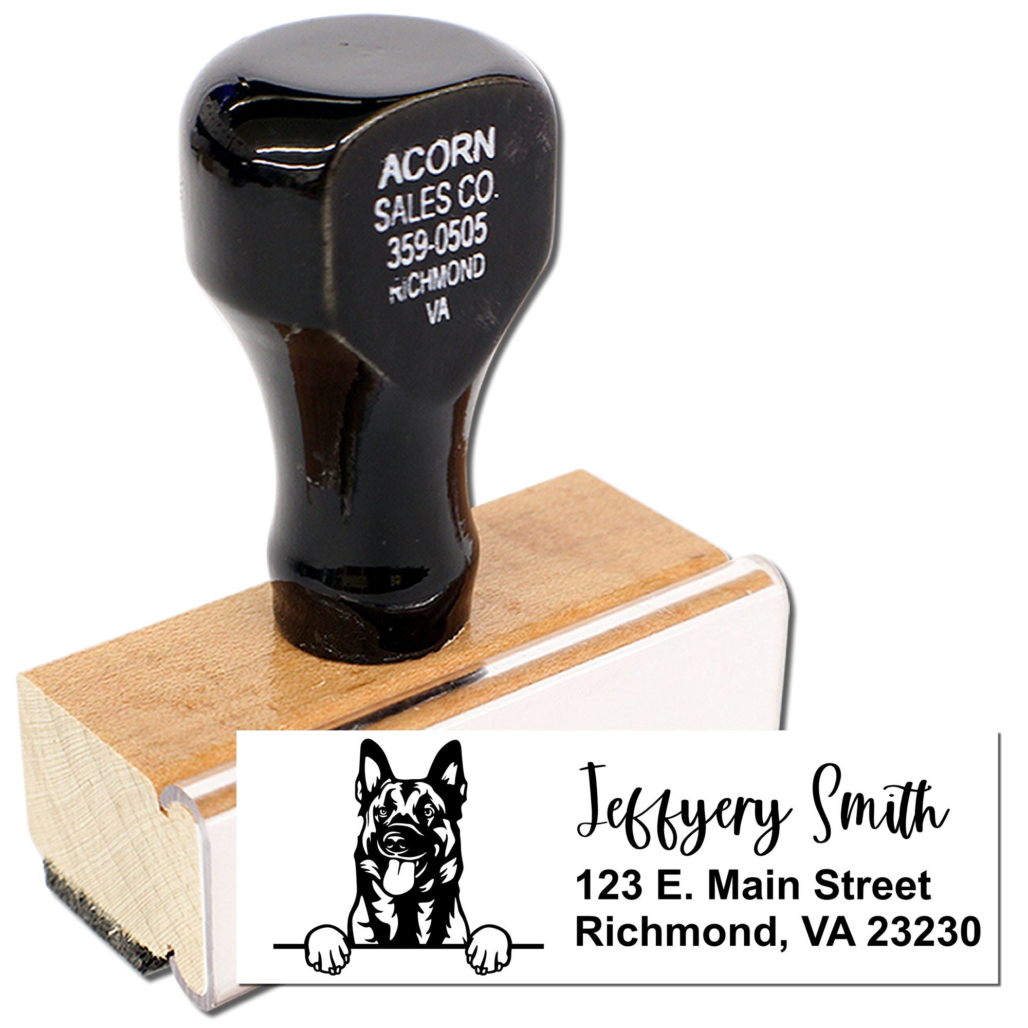 Custom return address rubber stamp with dog logo for Jeffrey Smith in Richmond, VA.