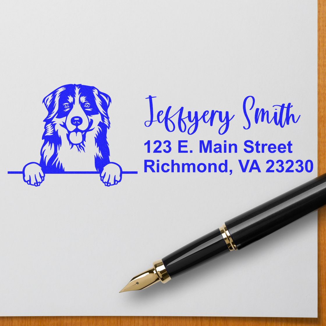 Personalized dog address rubber stamp with custom name and Richmond, VA address, shown in blue ink on paper.