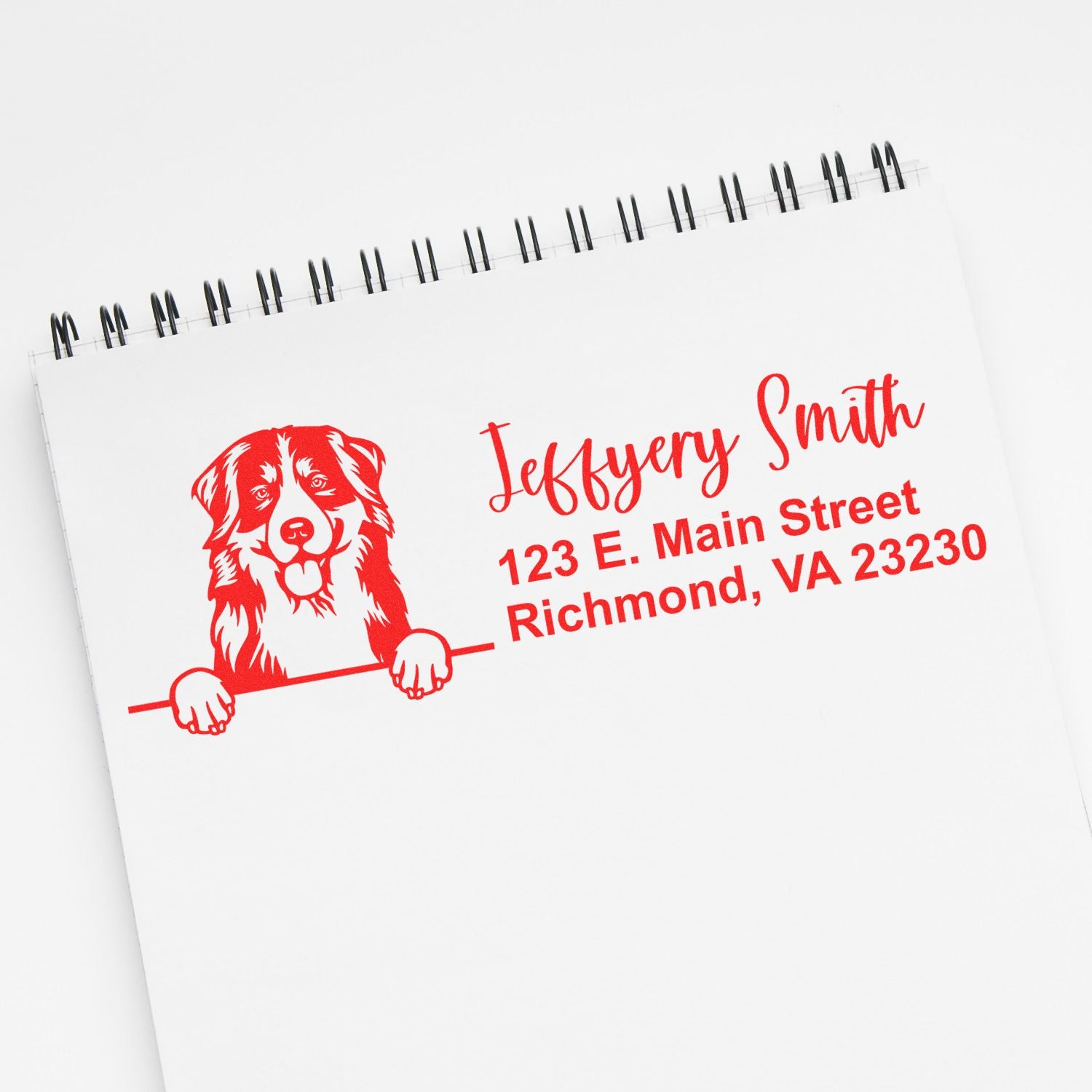 Custom dog return address rubber stamp for Jeffery Smith, 123 E. Main Street, Richmond, VA 23230