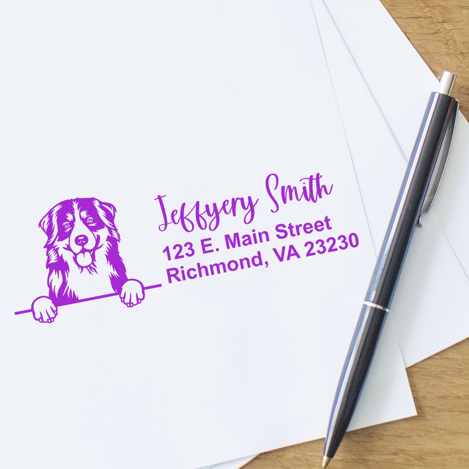 Personalized dog return address rubber stamp for Jeffery Smith, Richmond, VA envelopes.