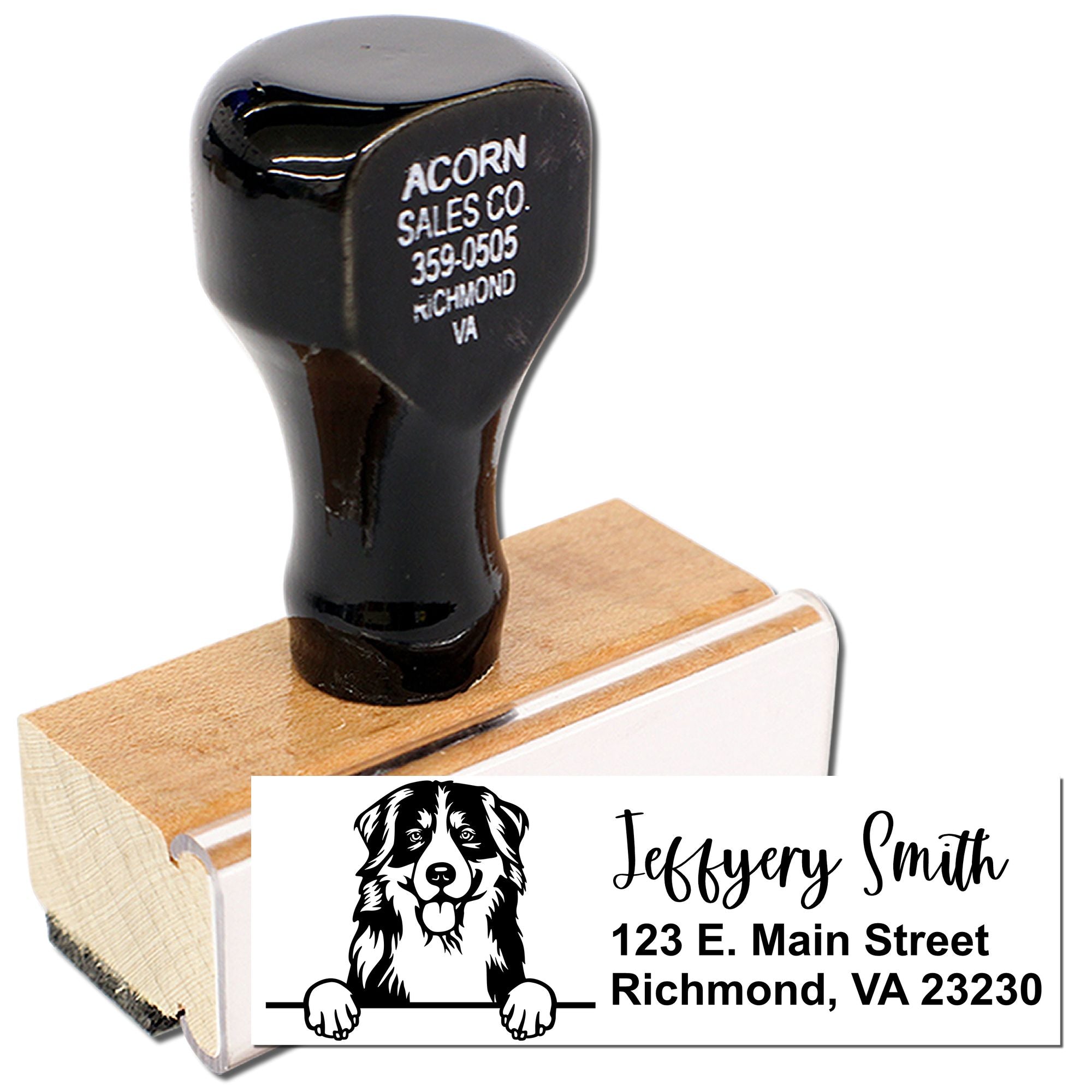 Custom dog address rubber stamp with name and Richmond, VA address, ideal for pet lovers and mailing envelopes.