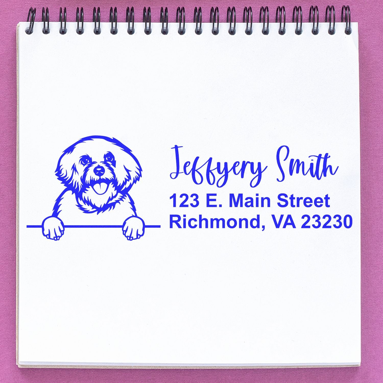 Personalized dog address rubber stamp for mailing, with pet illustration, Jeffyery Smith, and Richmond, VA return address.