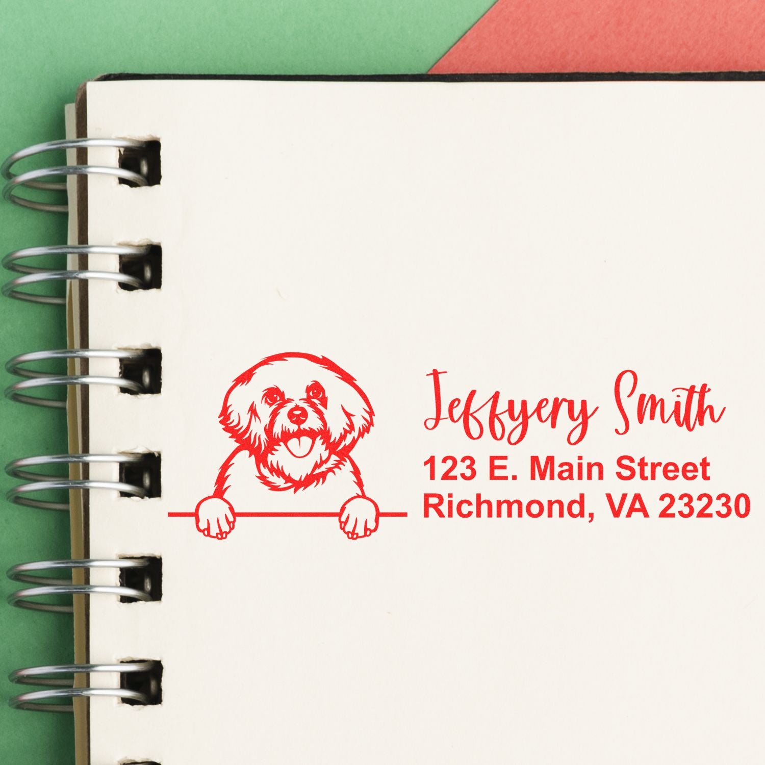 Custom dog return address rubber stamp with name and address for Jeffery Smith, Richmond, VA 23230.