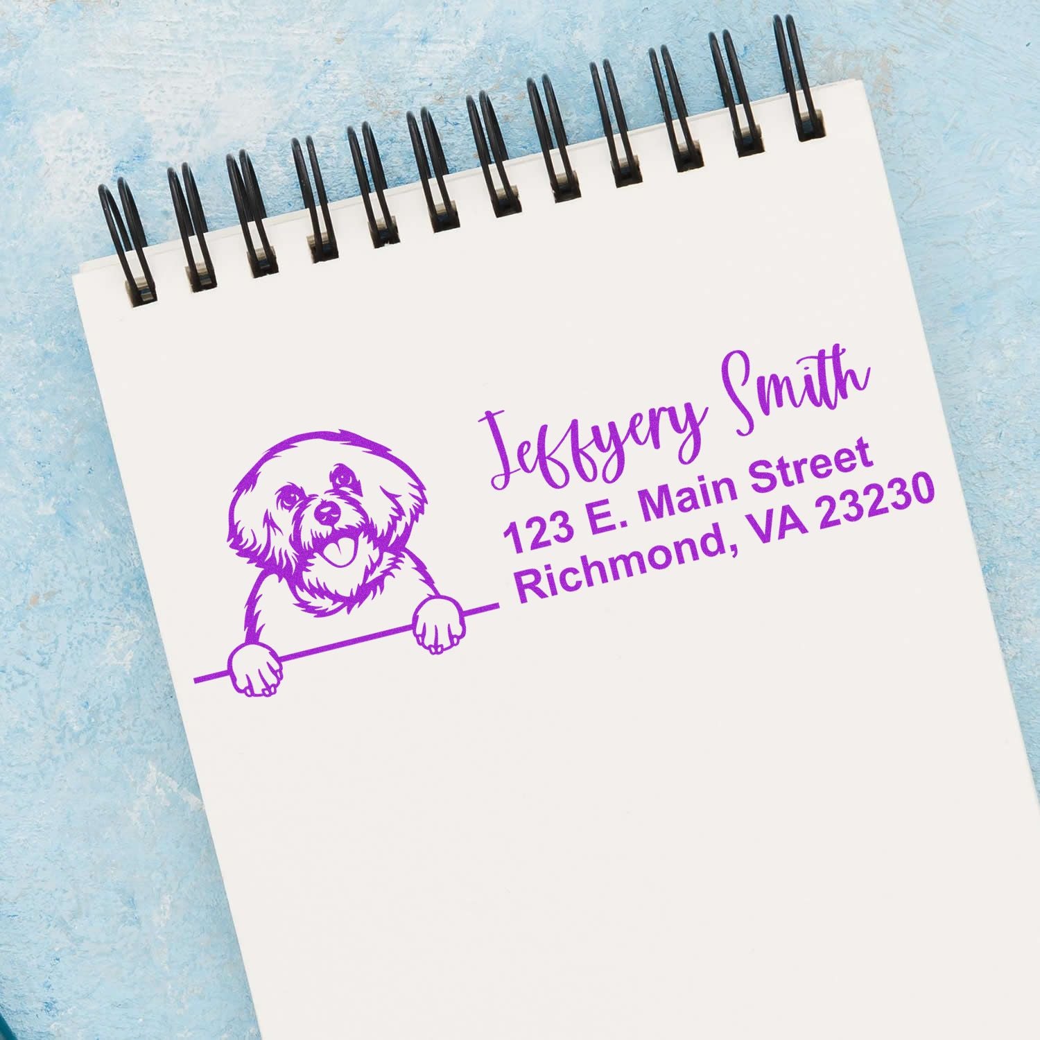 Custom dog return address rubber stamp with personalized name and Richmond, VA address