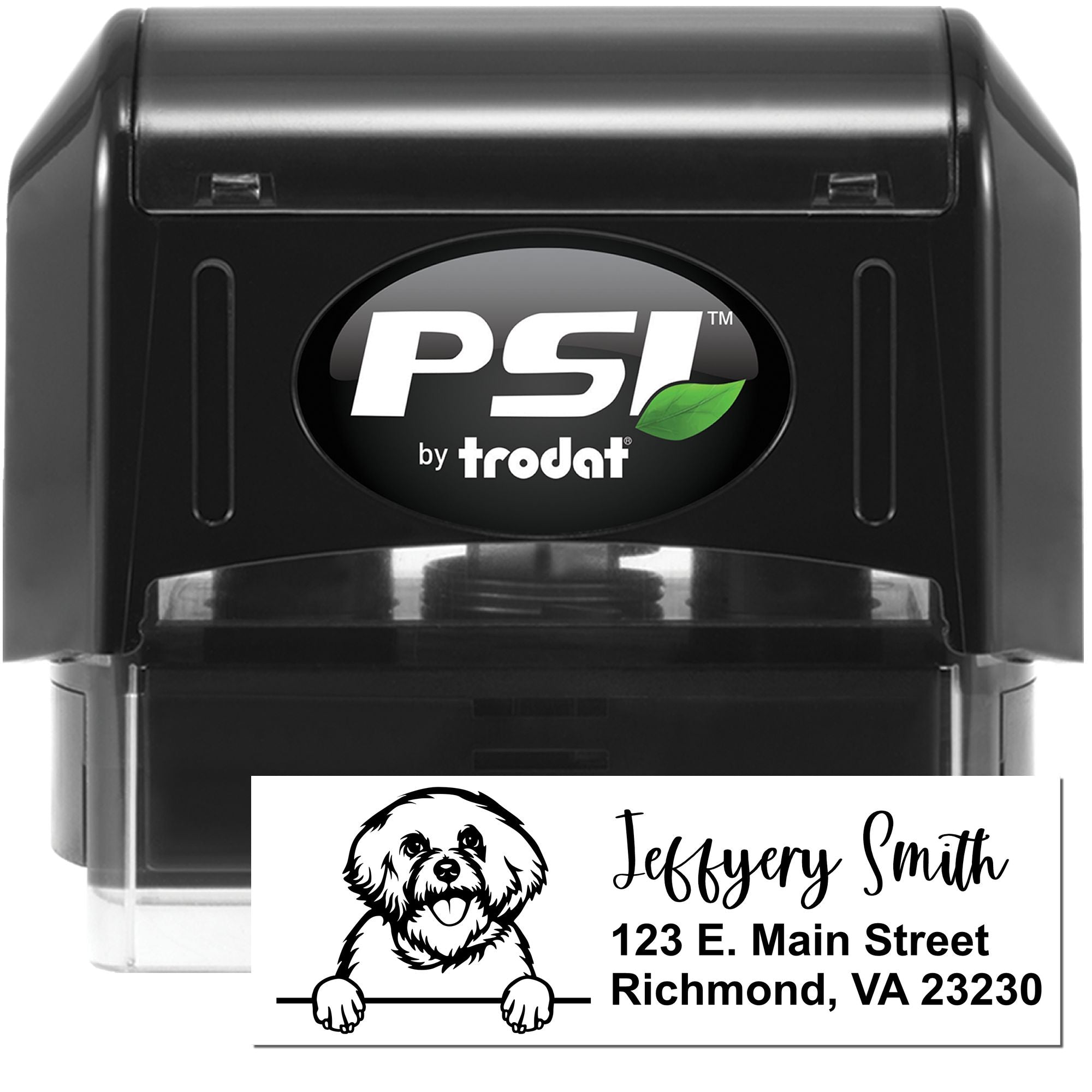 Custom self-inking rubber stamp by PSI Trodat with personalized return address and dog logo design.