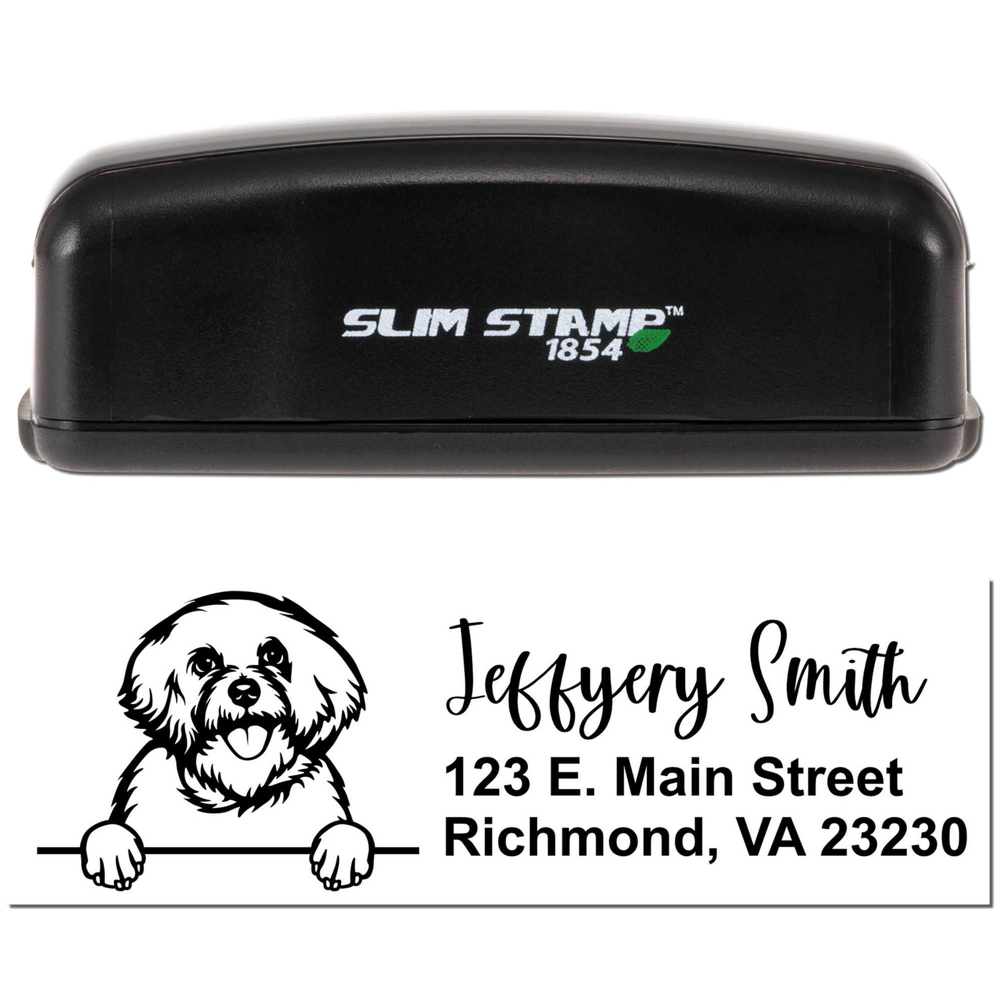 Custom self-inking rubber stamp with dog illustration, name, and address for personalized return mailing.