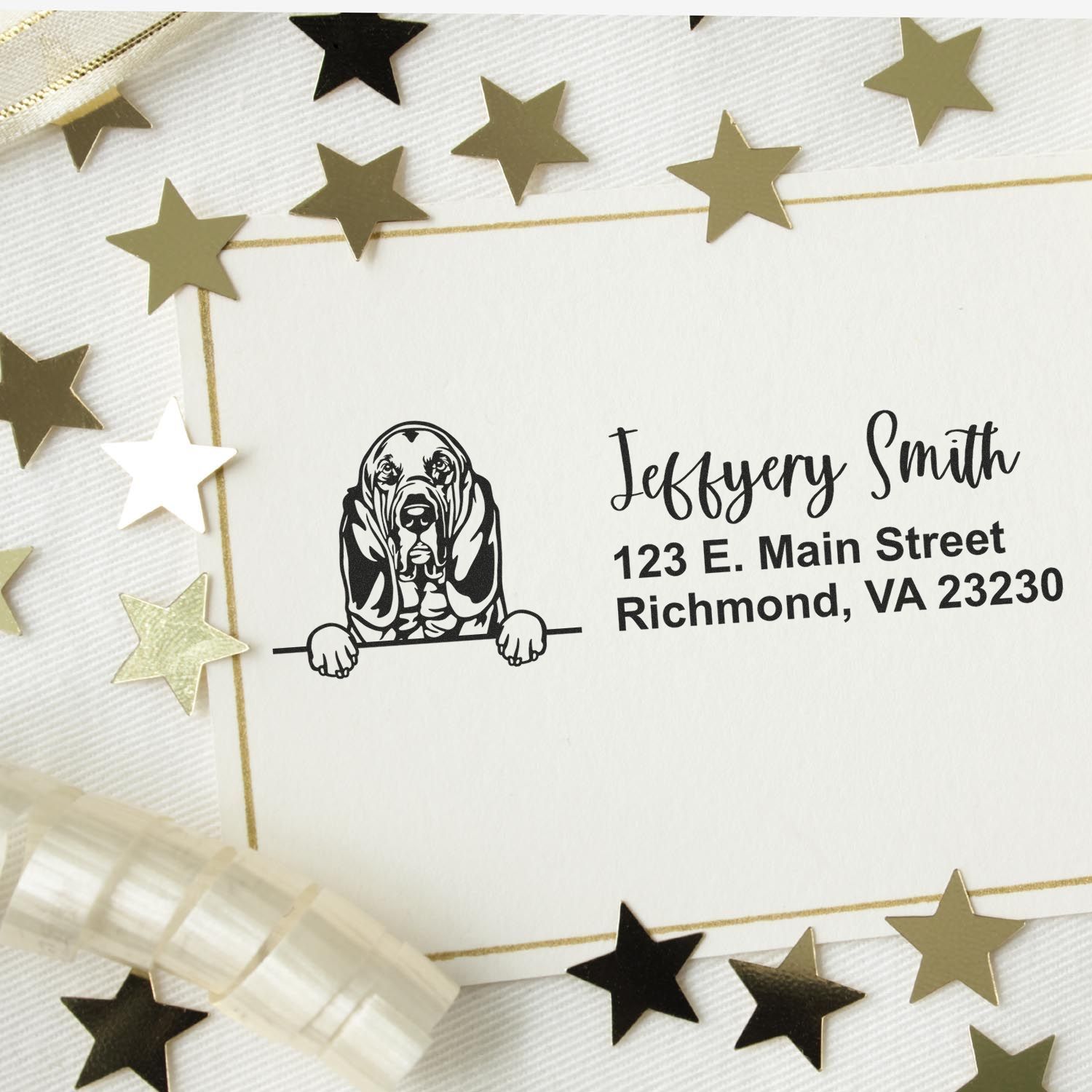 Custom dog return address rubber stamp for personalized stationery, featuring name and Richmond, VA address