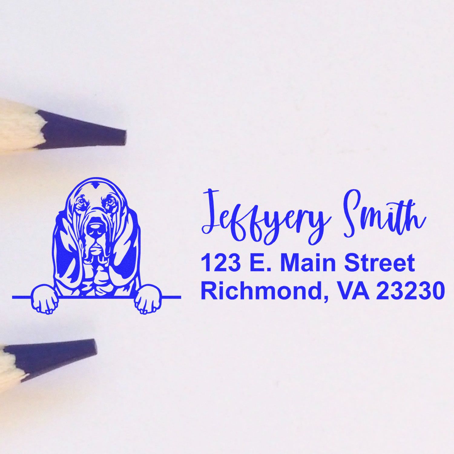 Custom dog return address rubber stamp with Jeffrey Smith, 123 E. Main Street, Richmond, VA 23230 for personalized mail.