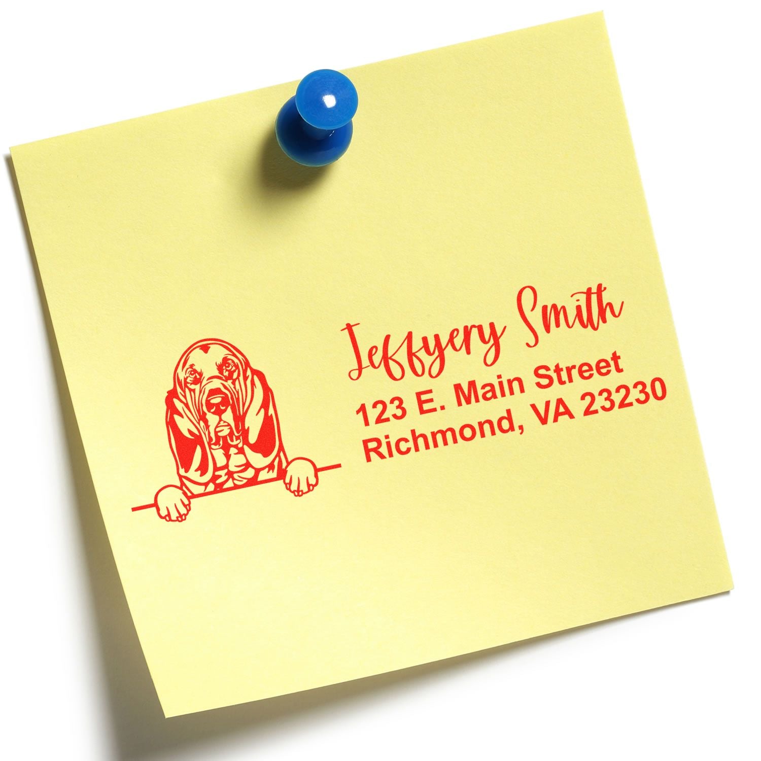 Personalized dog return address rubber stamp on yellow sticky note with name and Richmond, VA address.