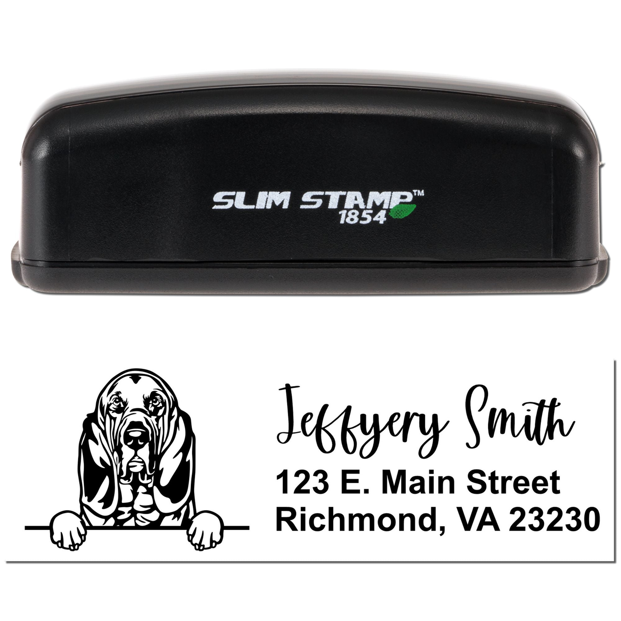 Custom self-inking rubber stamp with dog illustration, Jeffrey Smith name, and address for personalized mailing.