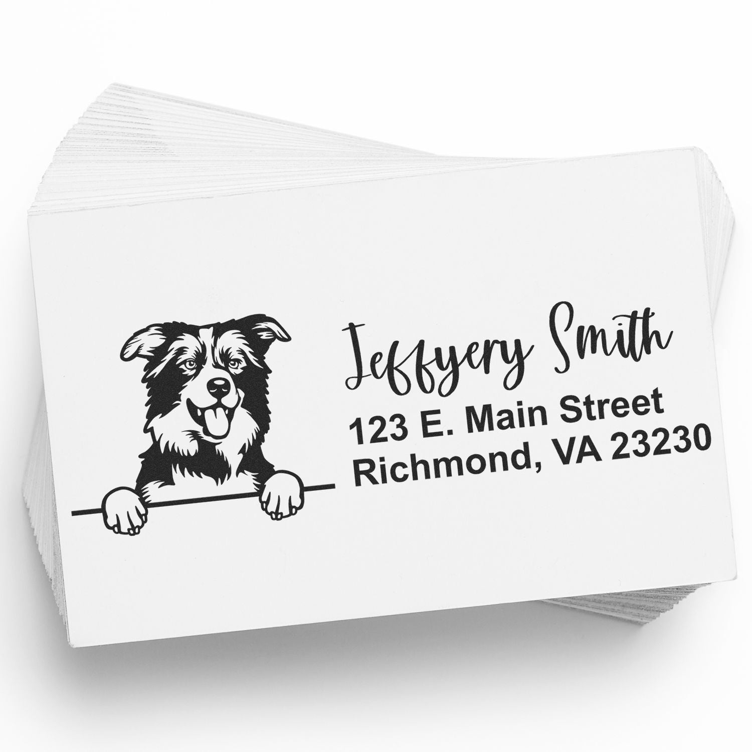 Custom address rubber stamp with dog graphic, featuring Jeffrey Smith and Richmond, VA return address.