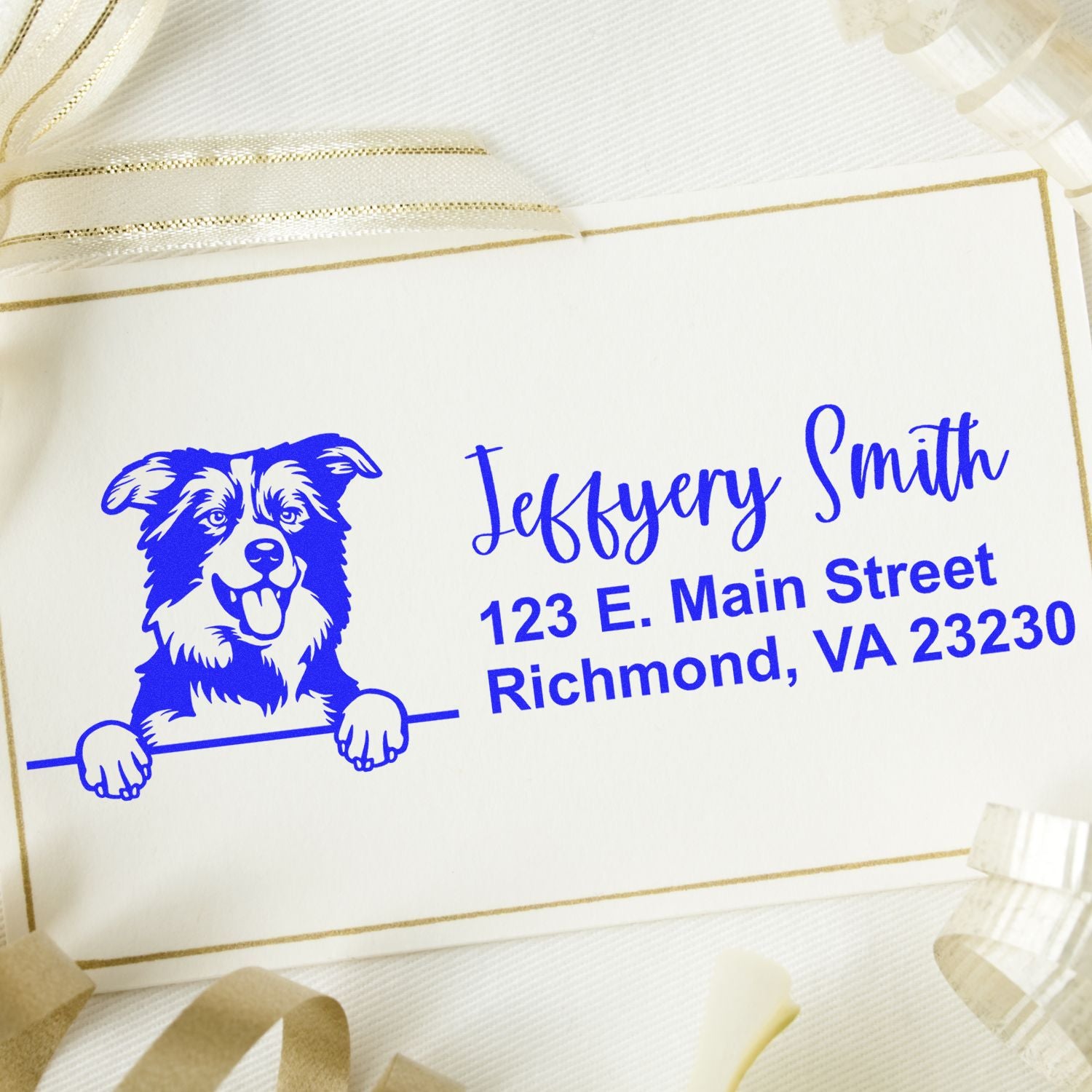 Custom dog return address rubber stamp with Jeffery Smith, Richmond, VA 23230