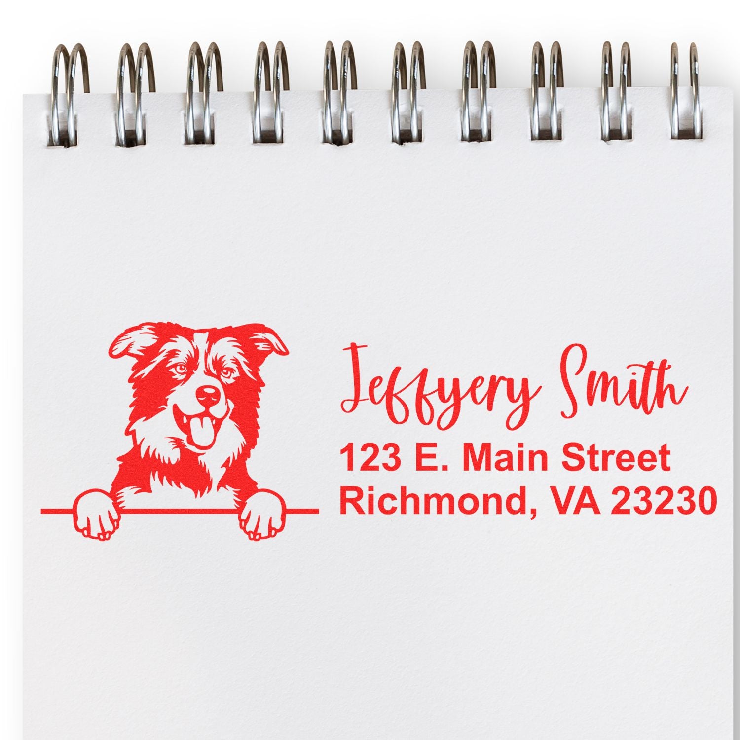 Personalized rubber stamp with dog logo and return address for Jeffery Smith, Richmond, VA 23230.