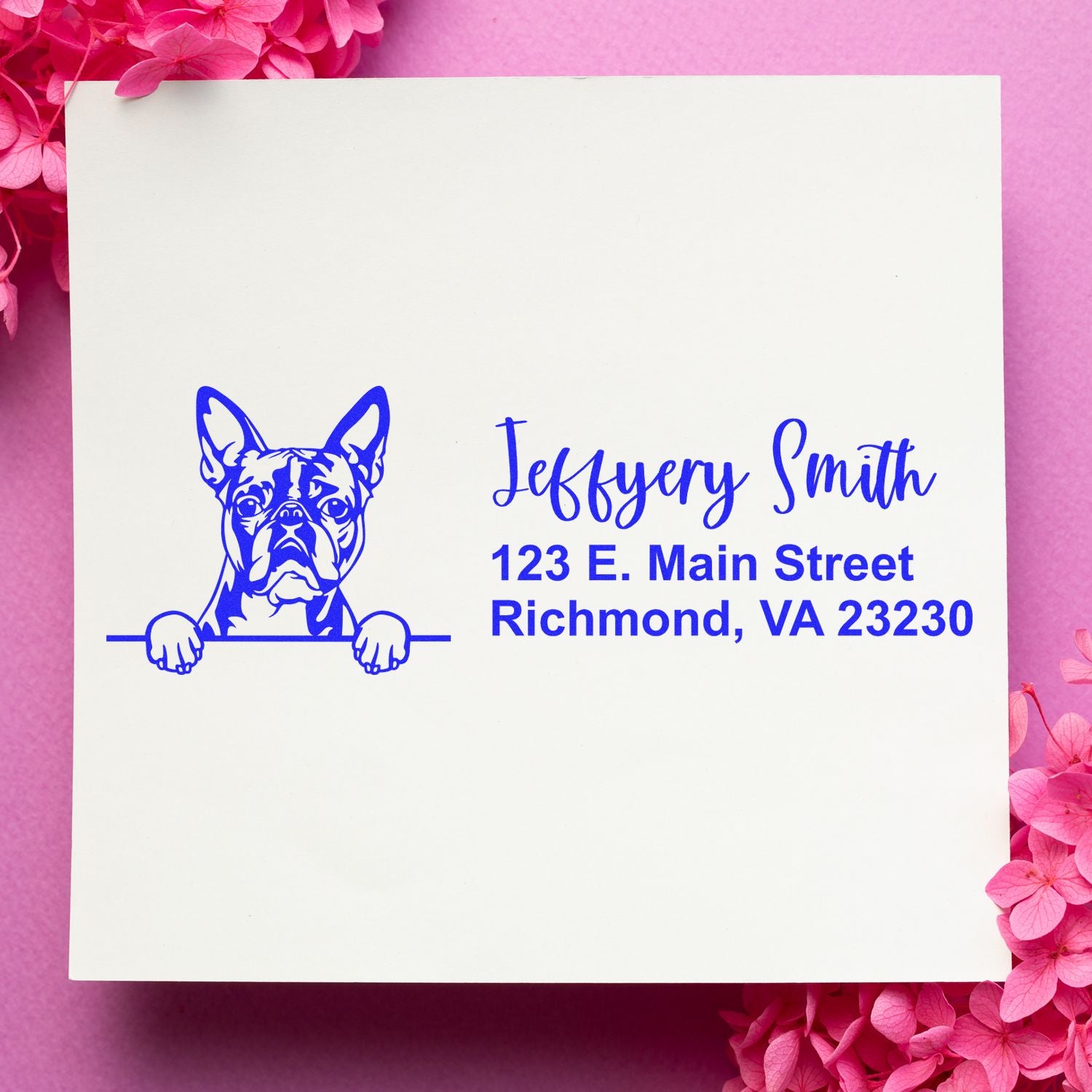 Custom French bulldog address rubber stamp with personalized name and Richmond, VA return address in blue ink.