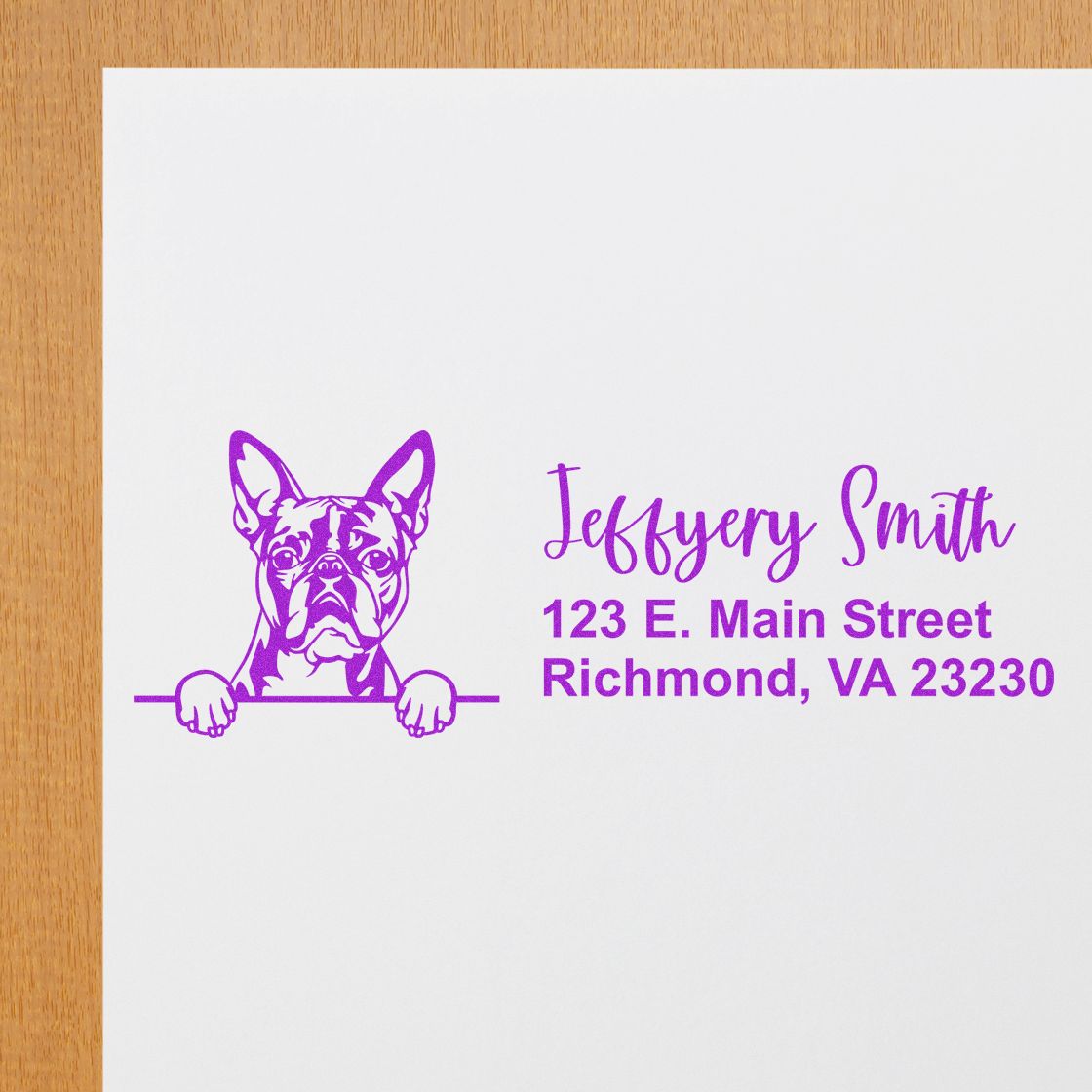Personalized French bulldog address rubber stamp with Jeffery Smith and Richmond, VA mailing details in purple.