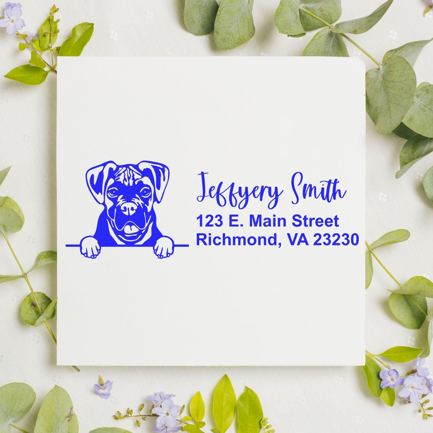 Custom dog return address rubber stamp with name and Richmond, VA address for personalized pet-themed mailings.