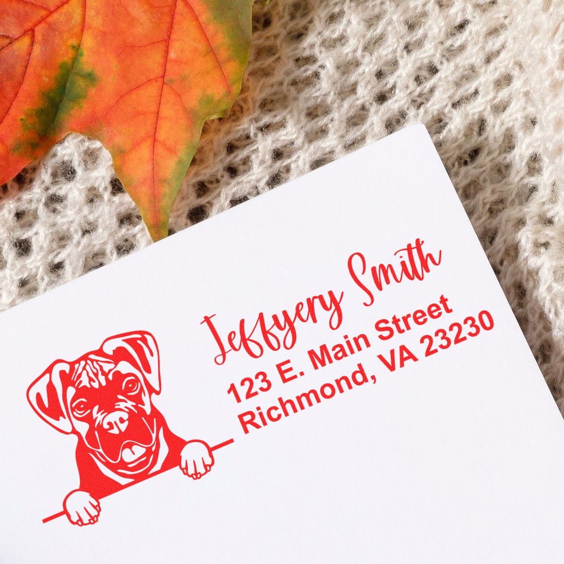 Custom dog return address rubber stamp with red ink, featuring a pet illustration and Jeffrey Smith address in Richmond, VA.