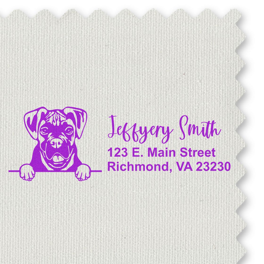 Custom dog return address rubber stamp with personalized name and Richmond, VA address in purple ink