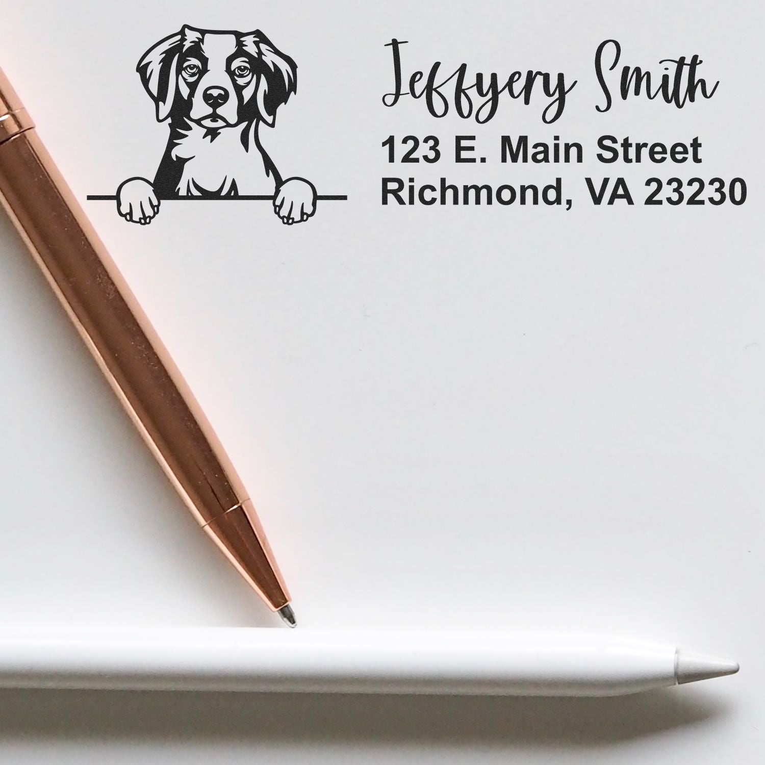 Custom dog return address rubber stamp with name Jeffrey Smith and Richmond, VA address for personal mailing.