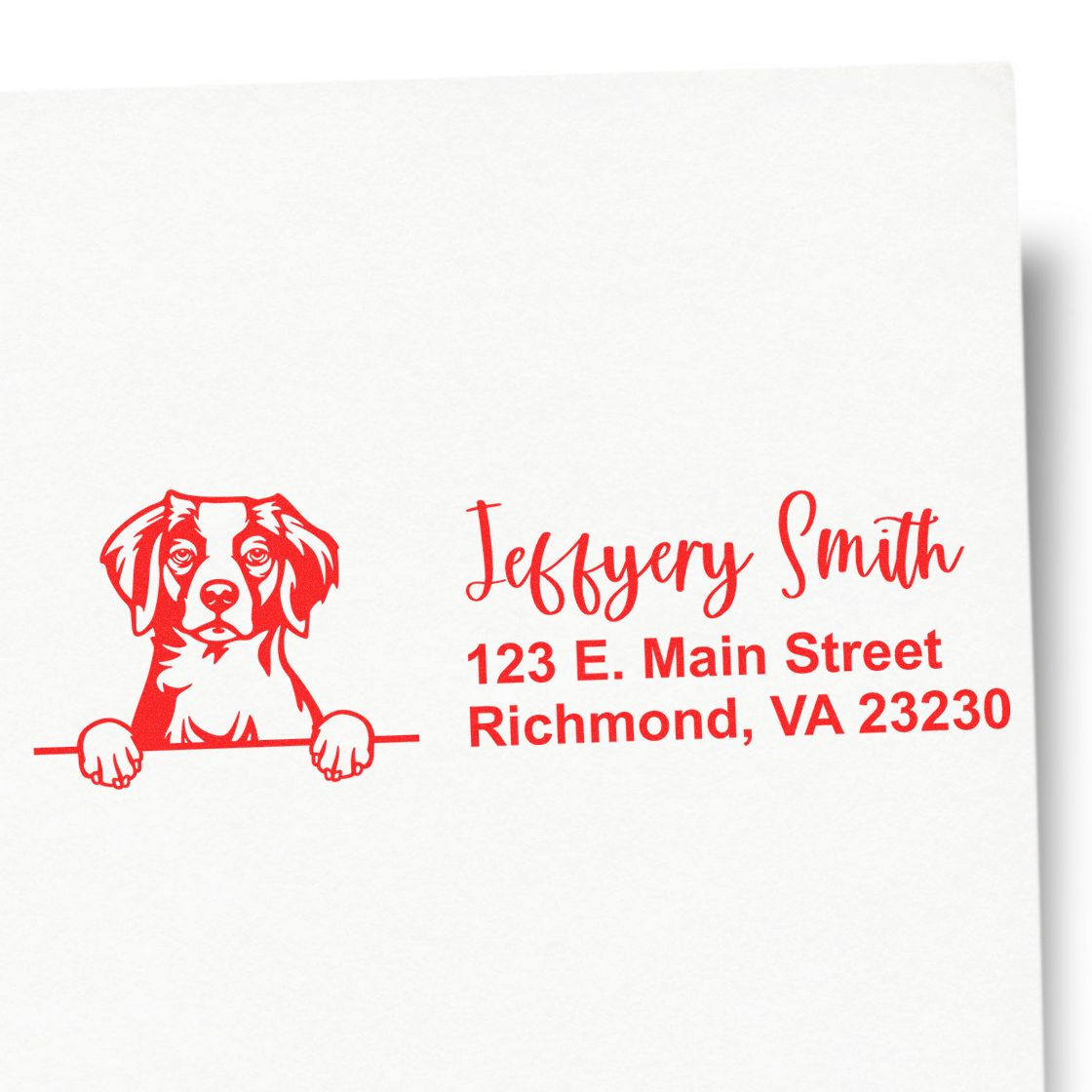 Personalized dog rubber stamp with custom name and address for pet-friendly mailing, envelopes, and branding.