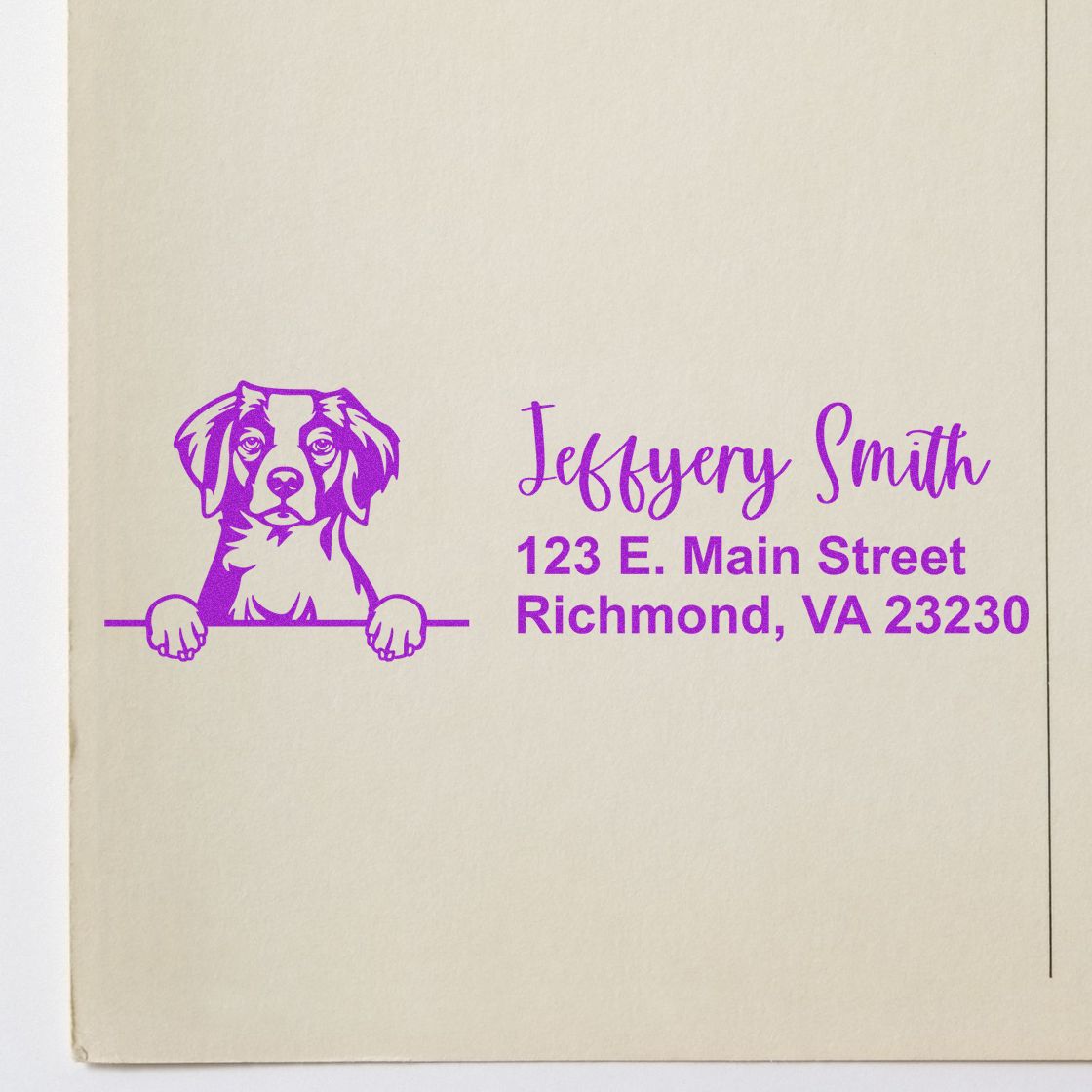 Custom dog address rubber stamp with pet illustration, name, and Richmond, VA mailing address in purple ink.