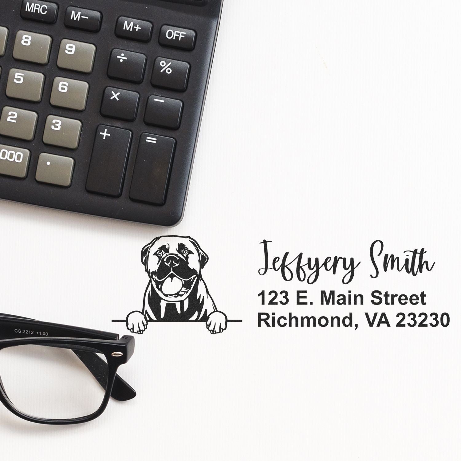 Personalized rubber address stamp with dog logo, name and Richmond VA address for business mailing and branding