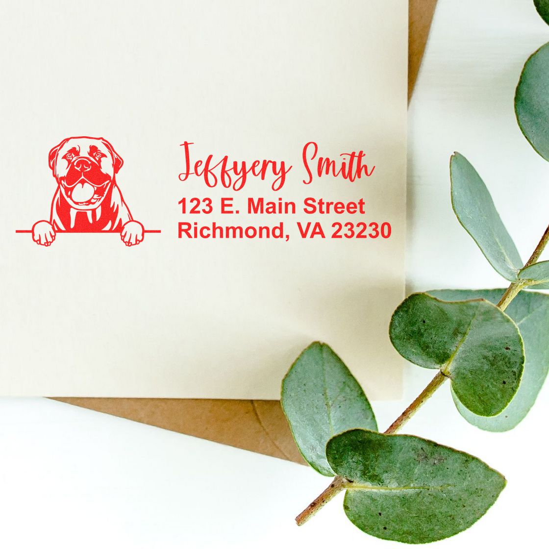 Custom dog return address stamp with name and Richmond, VA address, perfect for personalized envelopes and pet lover mail.