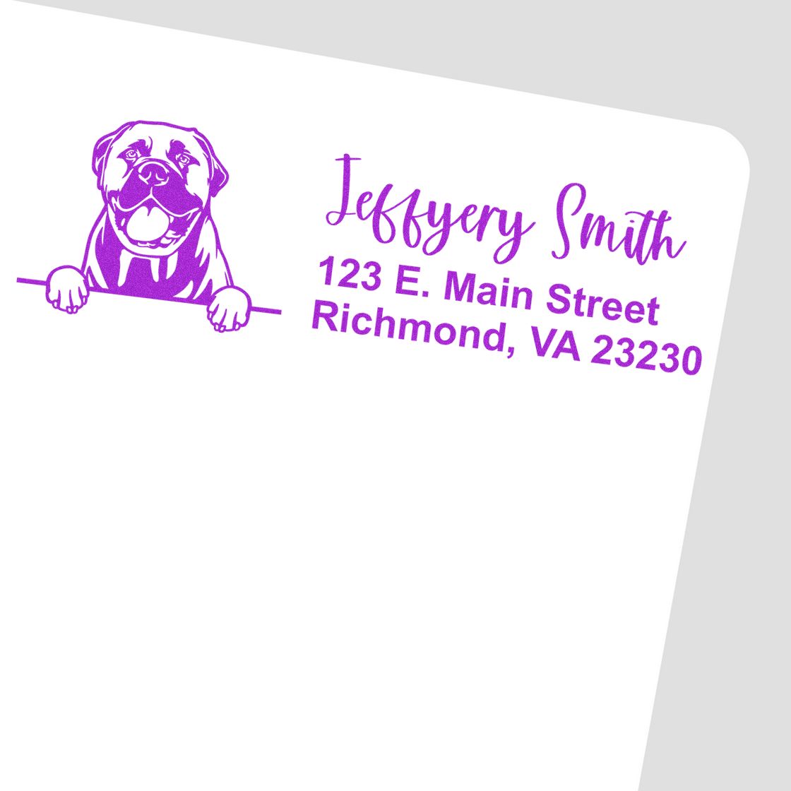 Custom dog return address rubber stamp for Jeffrey Smith, 123 E. Main Street, Richmond, VA 23230.