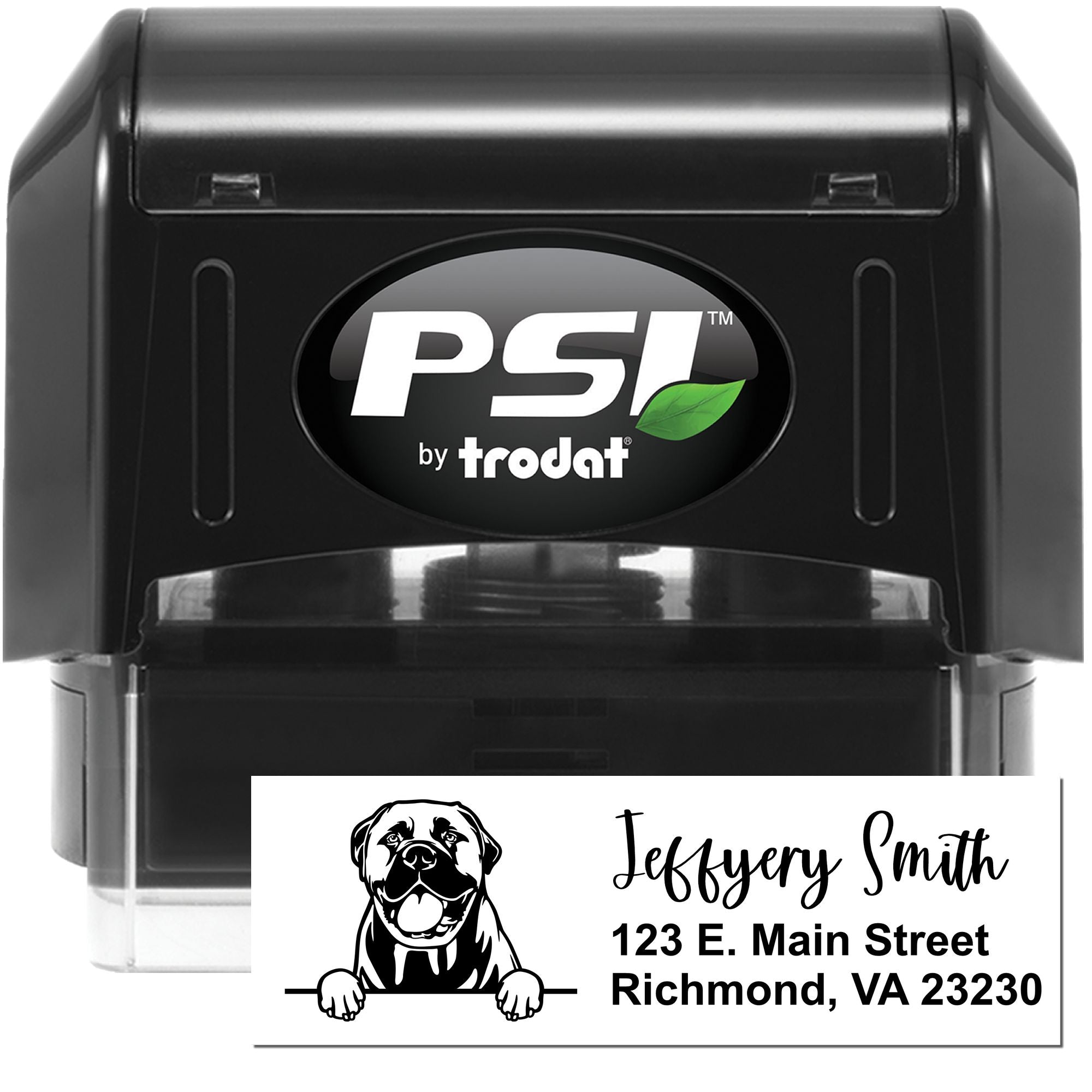 Custom self-inking rubber address stamp by PSI Trodat with dog logo, name, and return address for personalized mailing