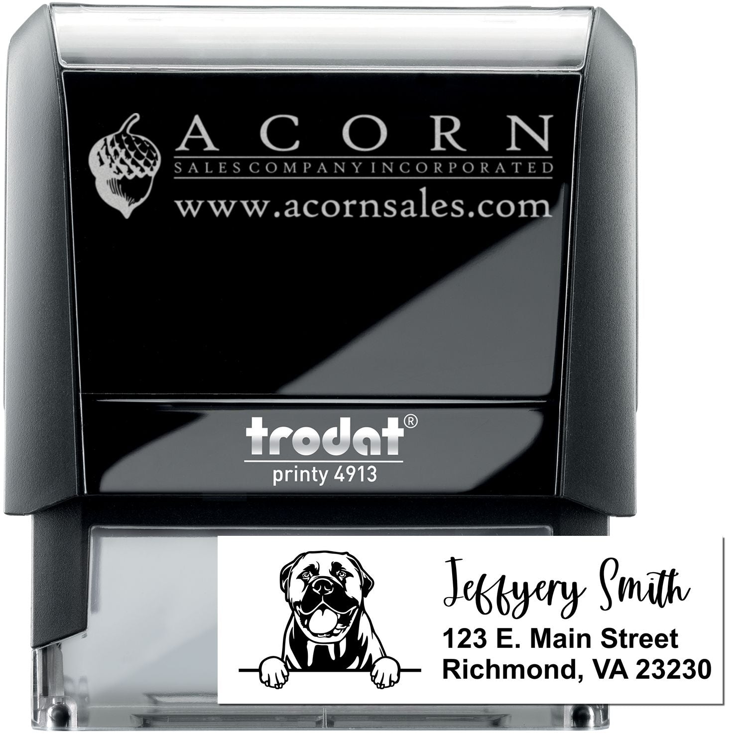 Custom self-inking rubber stamp for business logos and address labels, shown with Acorn Sales and a personalized dog return address design.