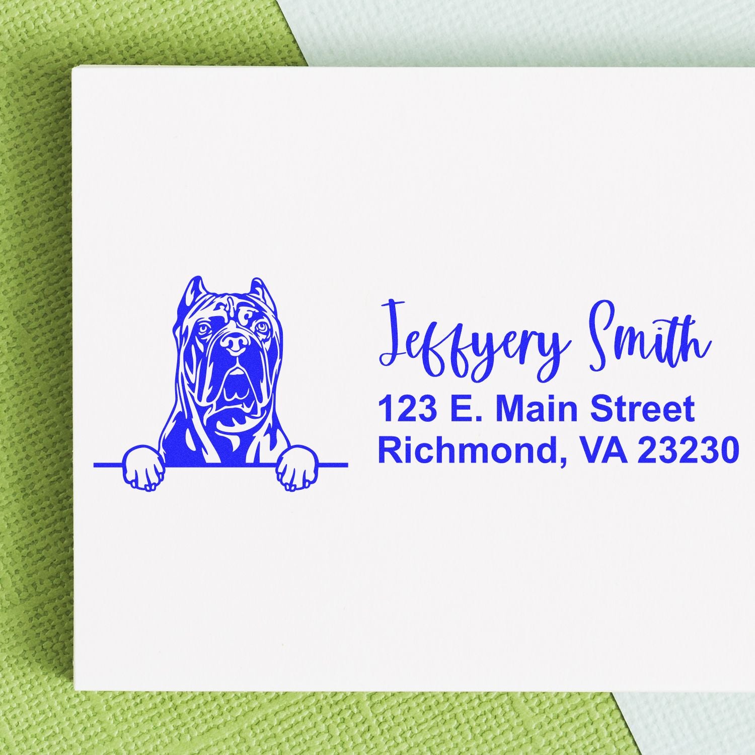 Custom dog address rubber stamp for Jeffery Smith, featuring a bulldog illustration and Richmond, VA return address.