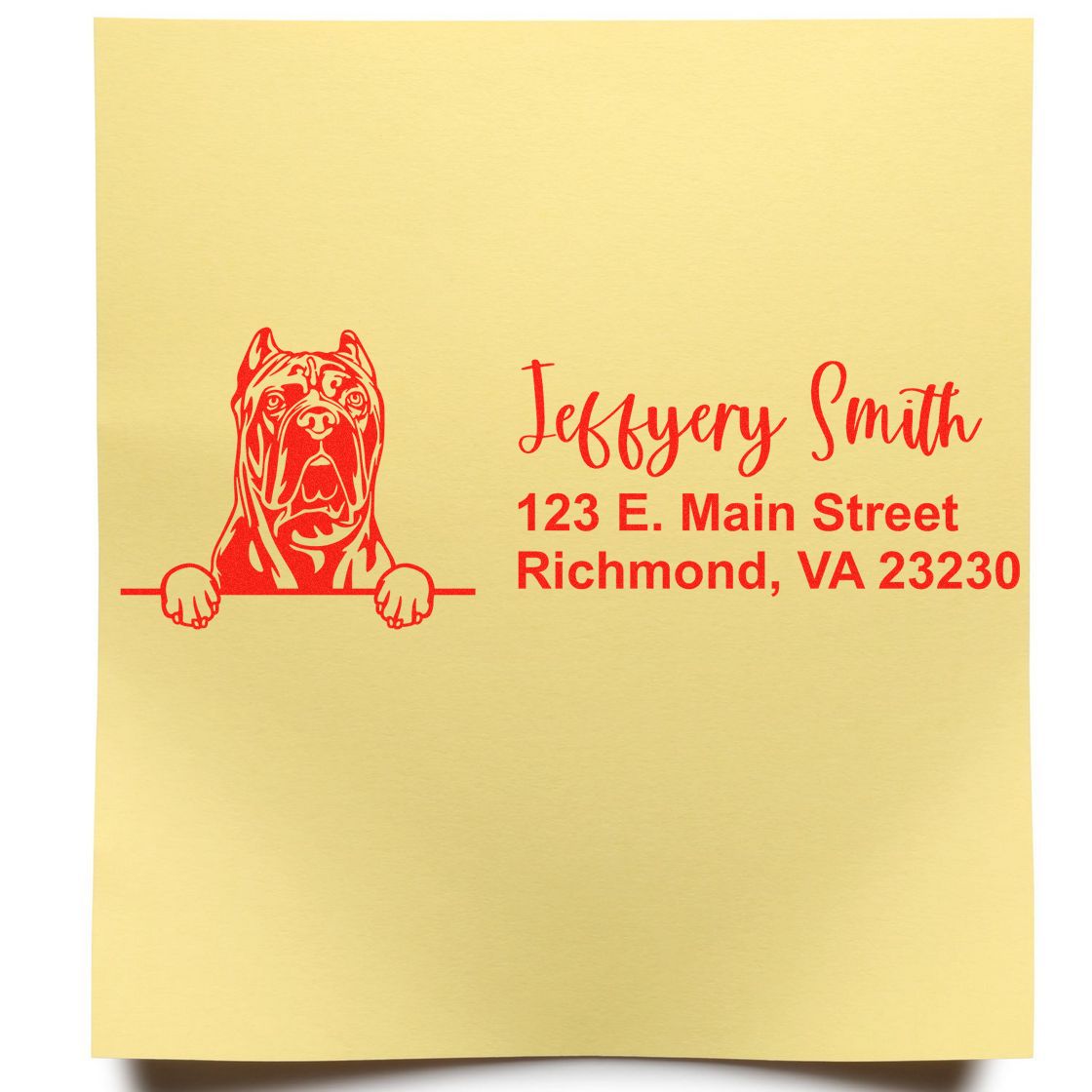 Custom dog return address rubber stamp with bulldog portrait, name, and Richmond, VA mailing address.