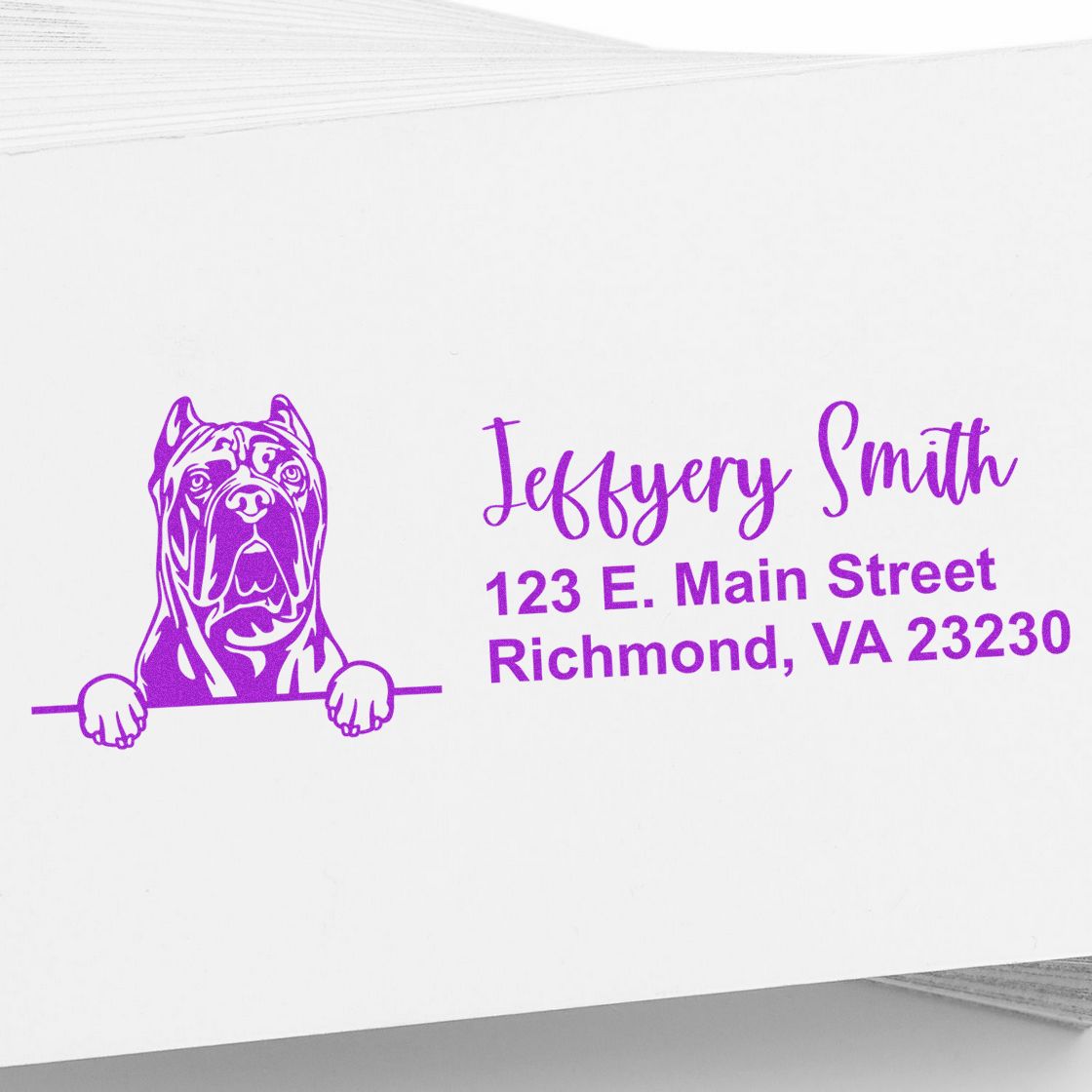 Custom dog return address rubber stamp with personalized name and Richmond, VA address.