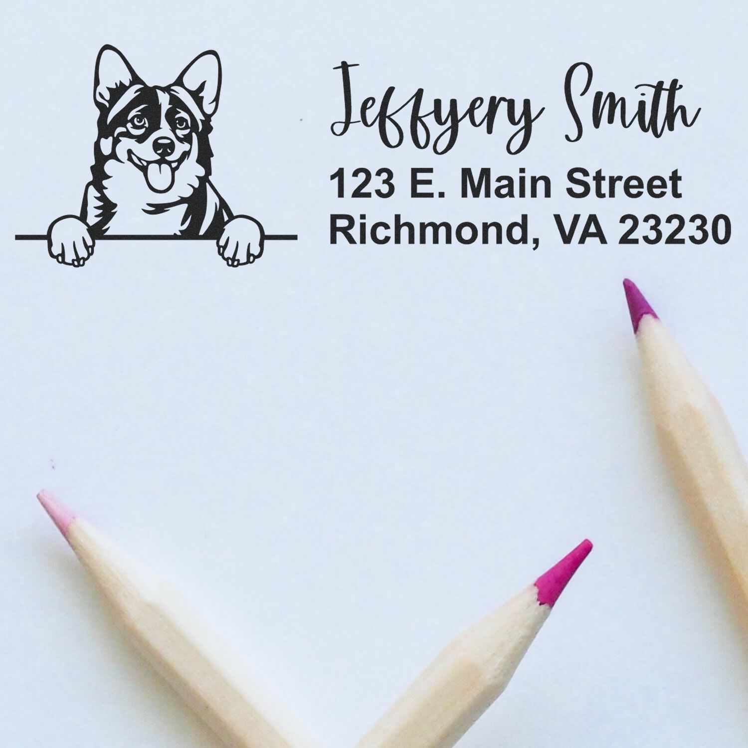 Custom return address rubber stamp with corgi illustration, Jeffrey Smith name, and Richmond, VA address.