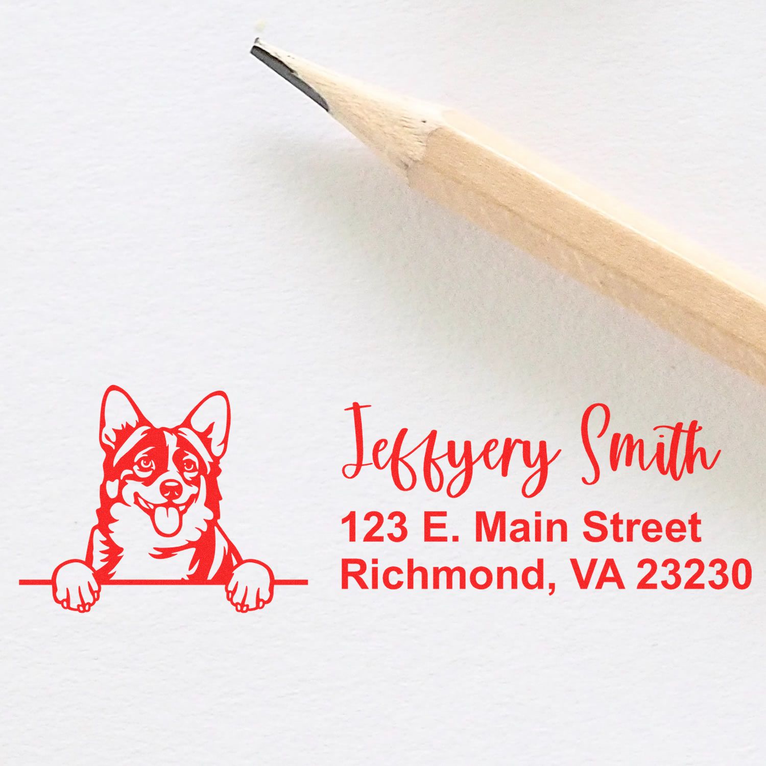 Custom rubber address stamp with corgi logo, name, and Richmond, VA address for personalized business or pet mail.